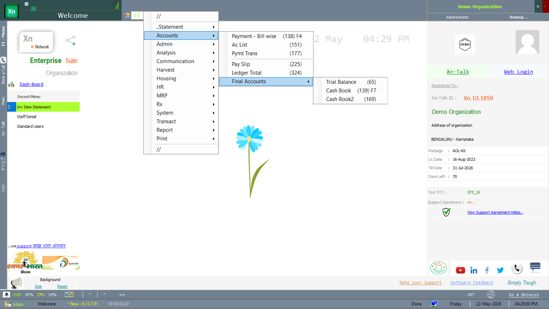 Accounts submenu open on the Welcome screen with Payment, Ac List, Pymt Trans, Pay Slip, Ledger Total and Final Accounts entries