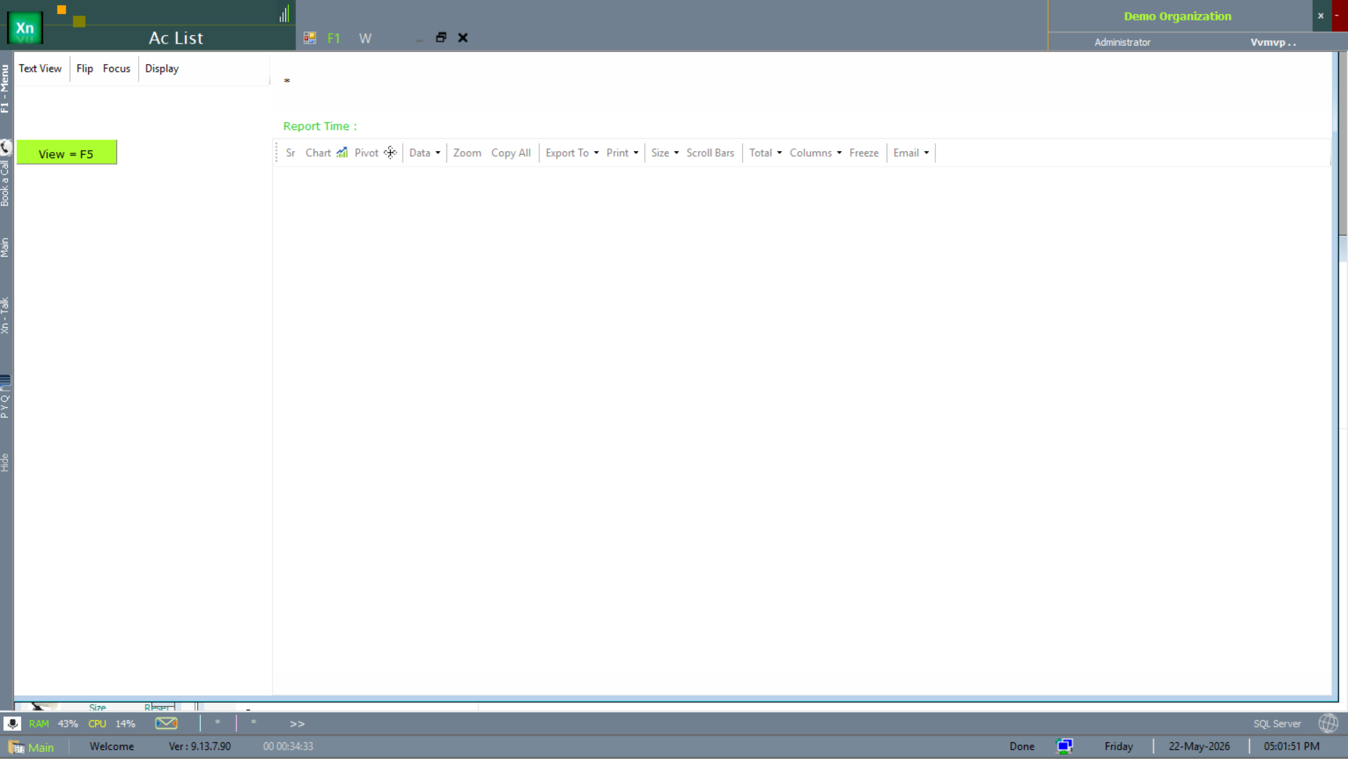 Account List report with the standard report toolbar: Chart, Pivot, Data, Zoom, Export To, Print, Total, Columns, Freeze, Email