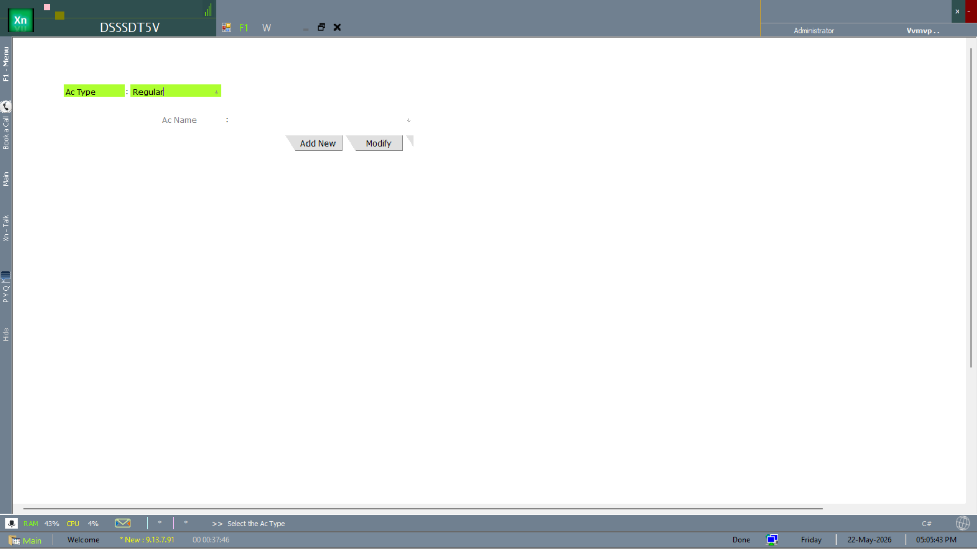 Add or Modify Account form with Ac Type set to Regular and an Ac Name field