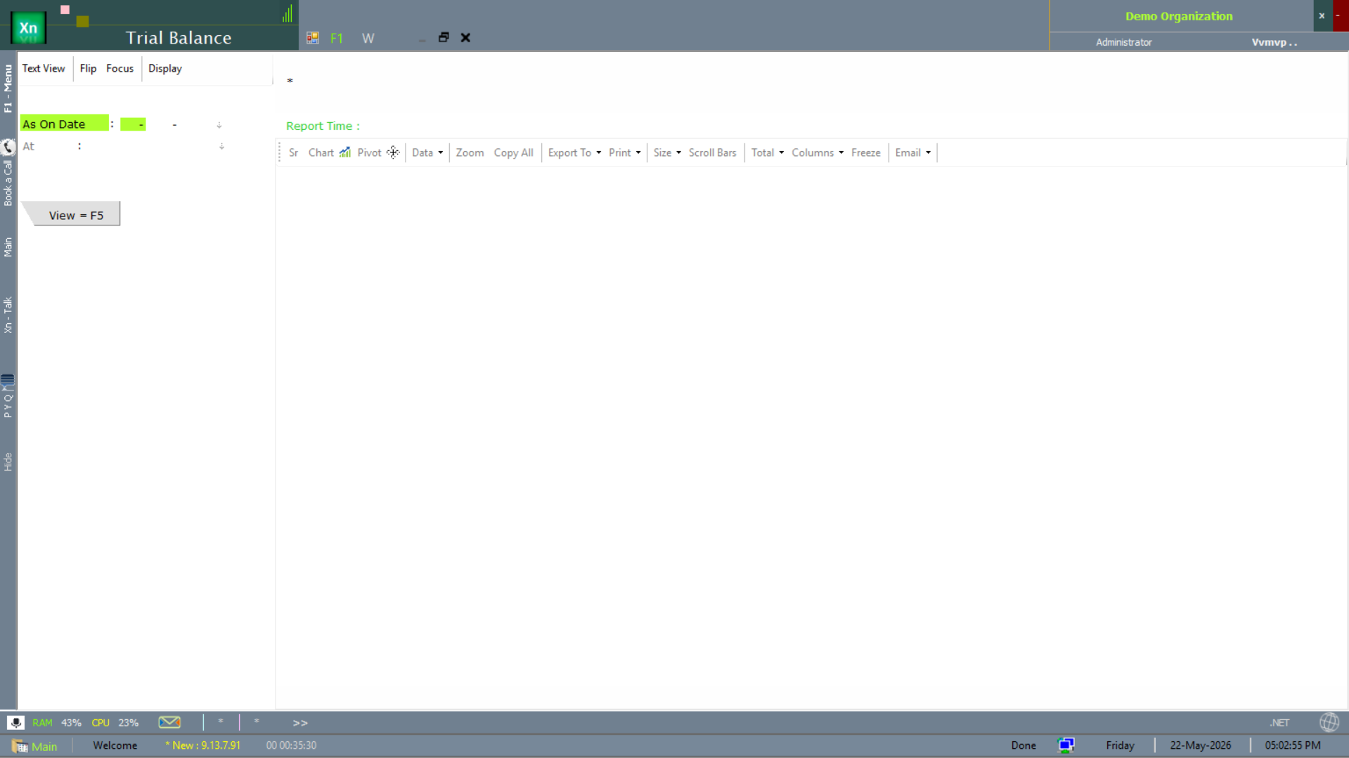 Trial Balance report filter pane with As On Date and At (location) fields