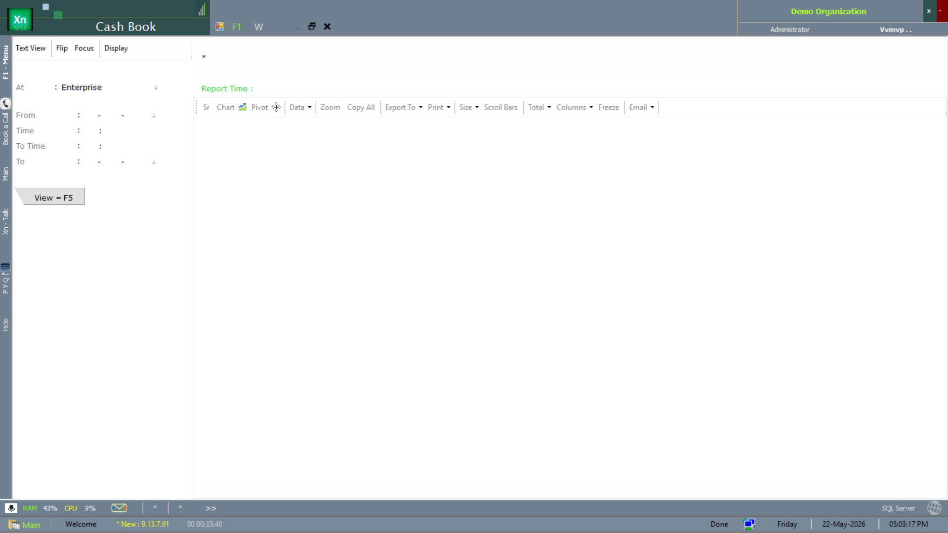 Cash Book report filter pane with At (Enterprise), From, Time, To Time and To fields