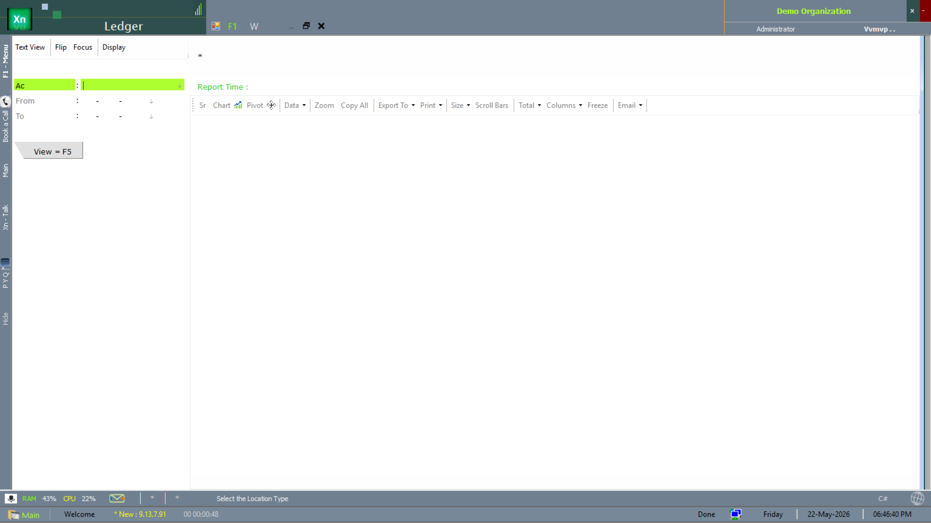 Ledger report filter pane with Ac, From and To date filters and View = F5 button