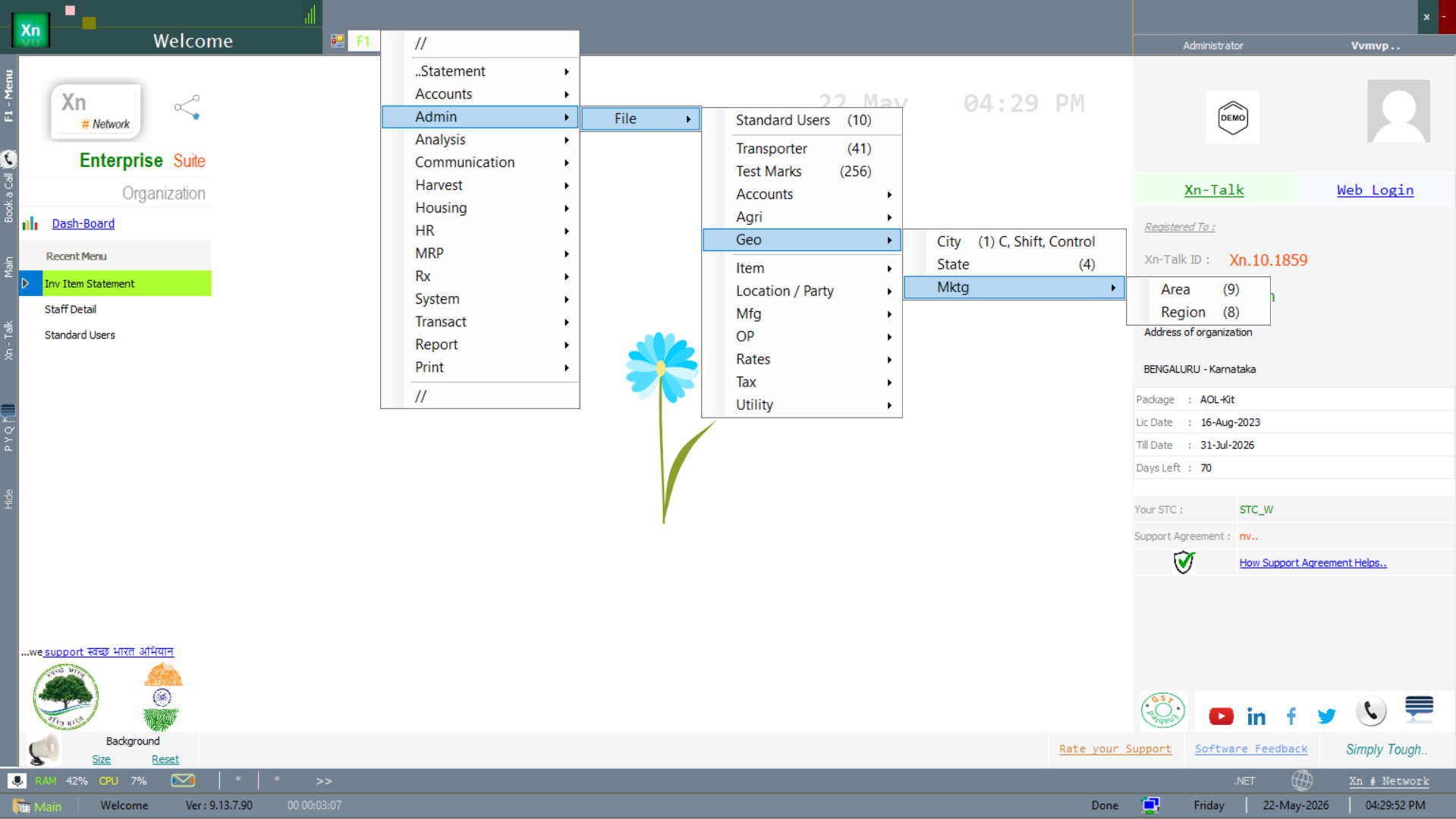 Welcome screen — File Setup submenu navigation, item count shown