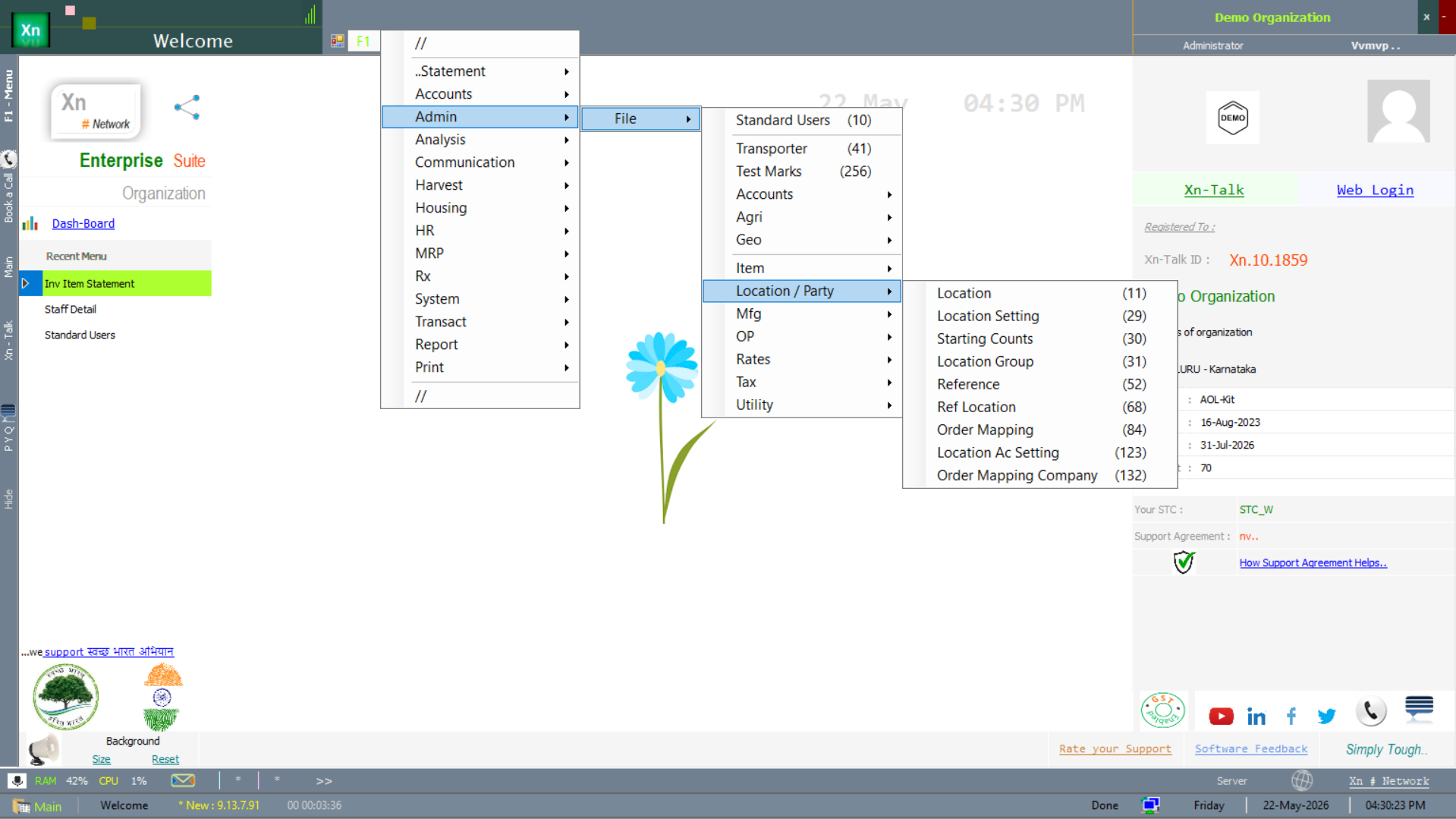 Welcome screen — Item master data configuration with 8+ sub-options