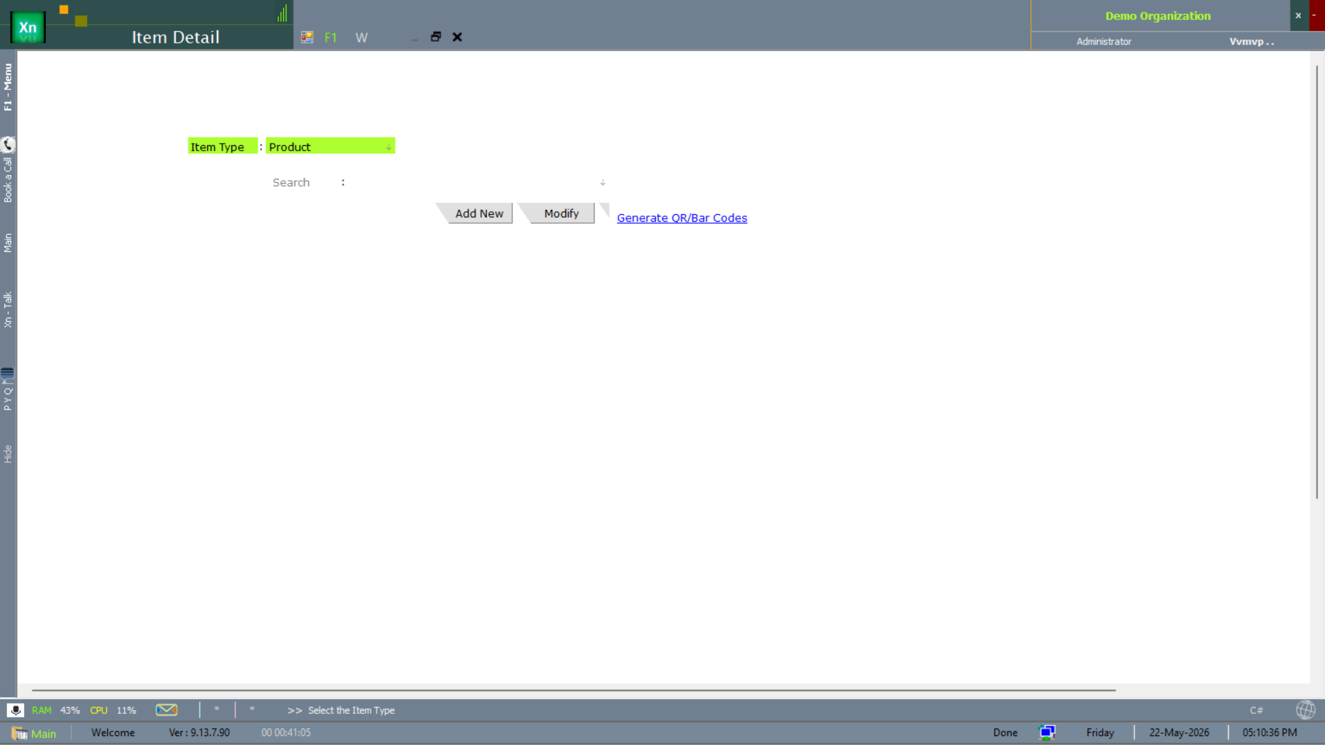 Item Detail master form with Add New, Modify, Generate QR/Bar Codes buttons