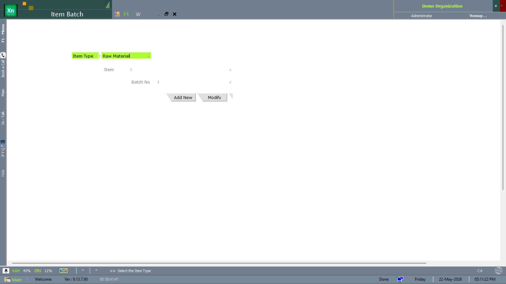 Item Batch master form with Add New and Modify buttons