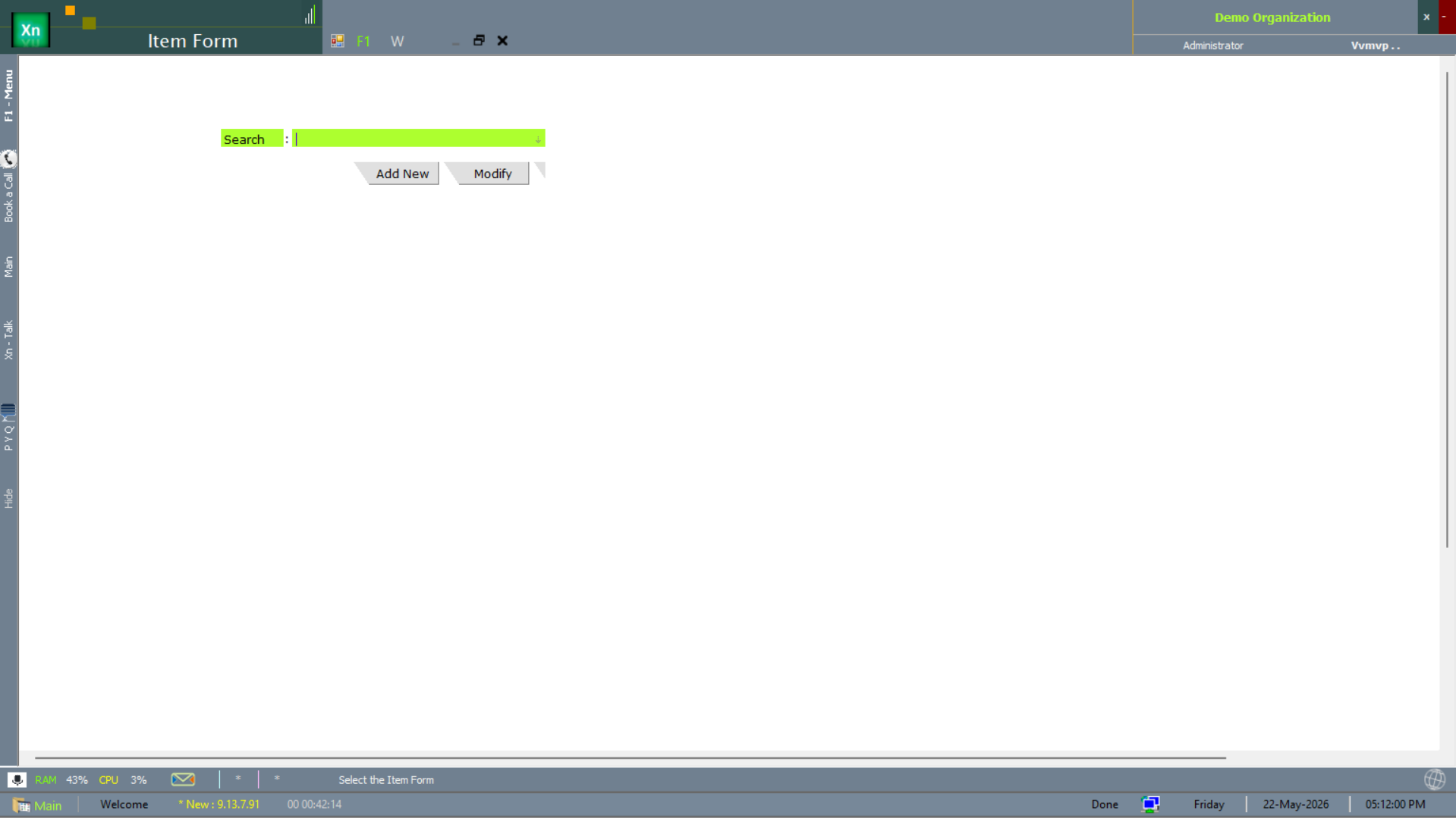 Item Form master form with Add New and Modify buttons