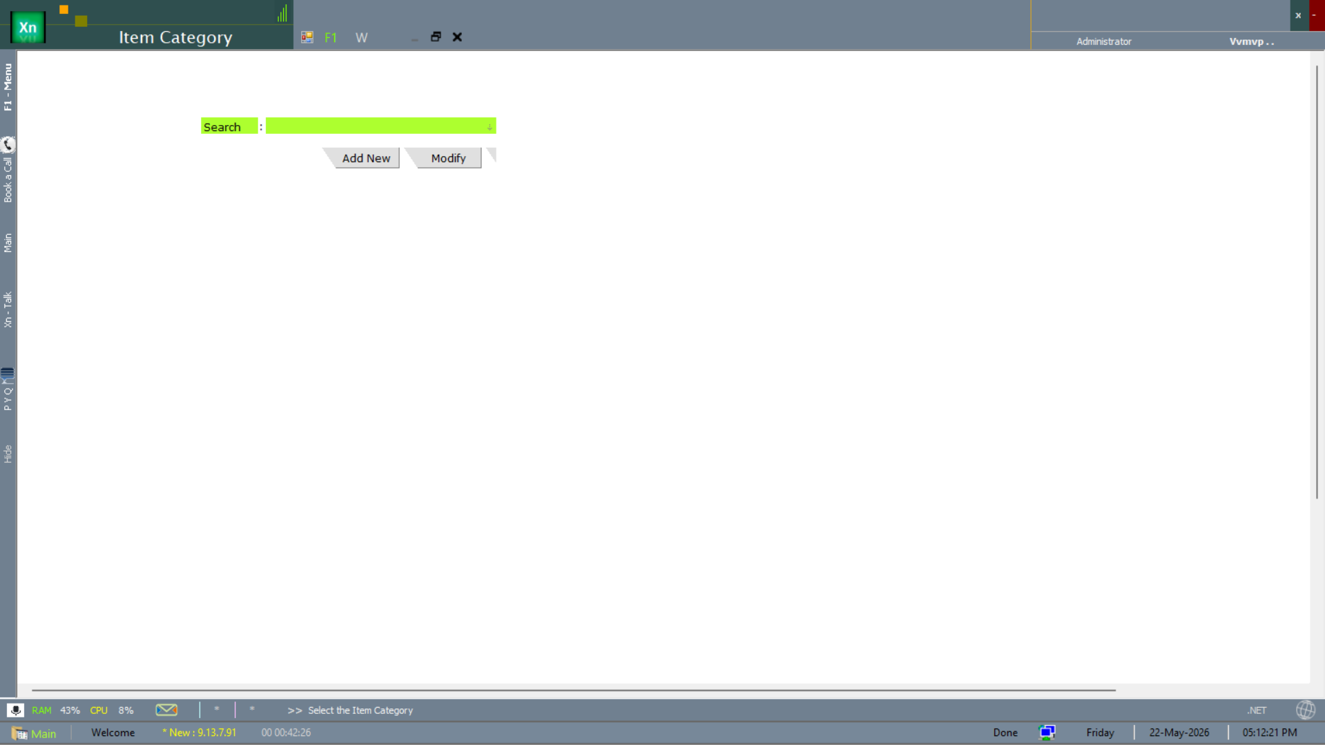 Item Category master form with Add New and Modify buttons
