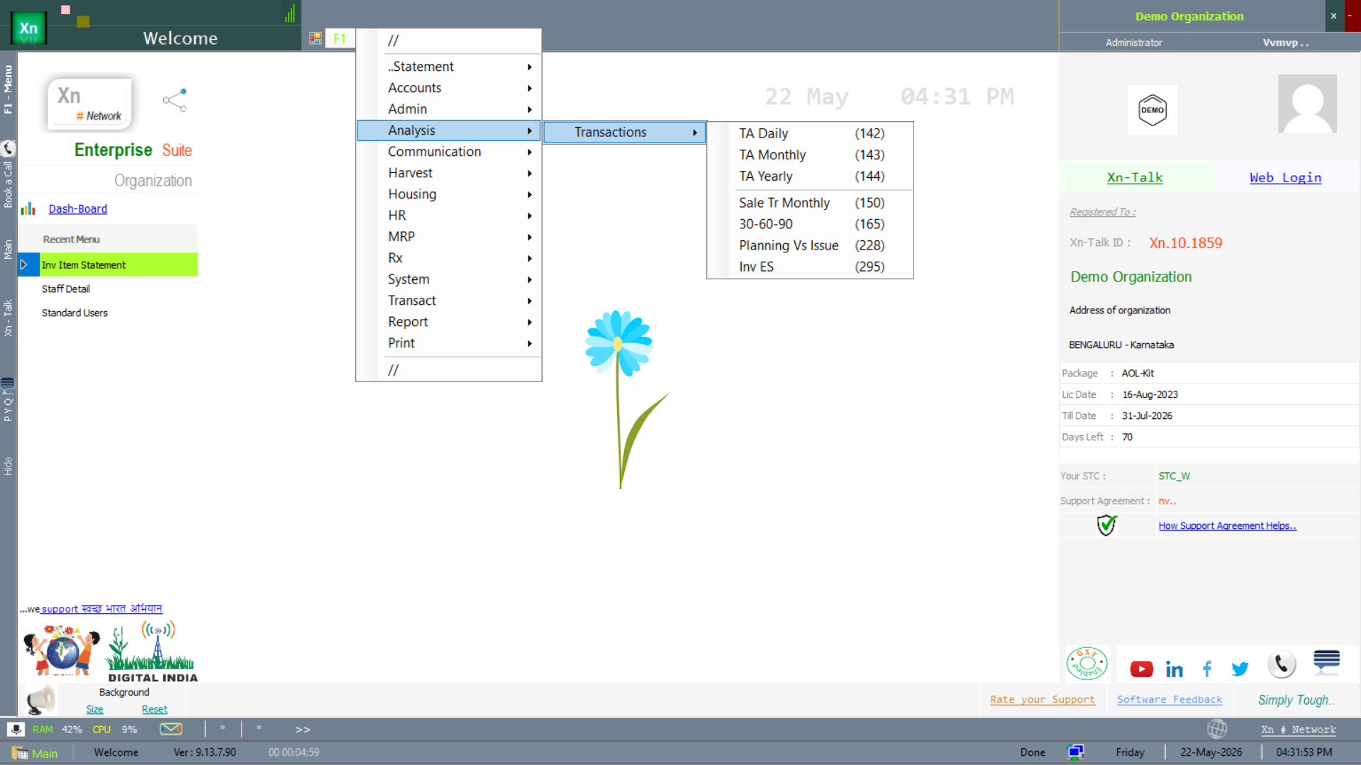 Welcome screen with the Analysis submenu open showing transaction analysis variants