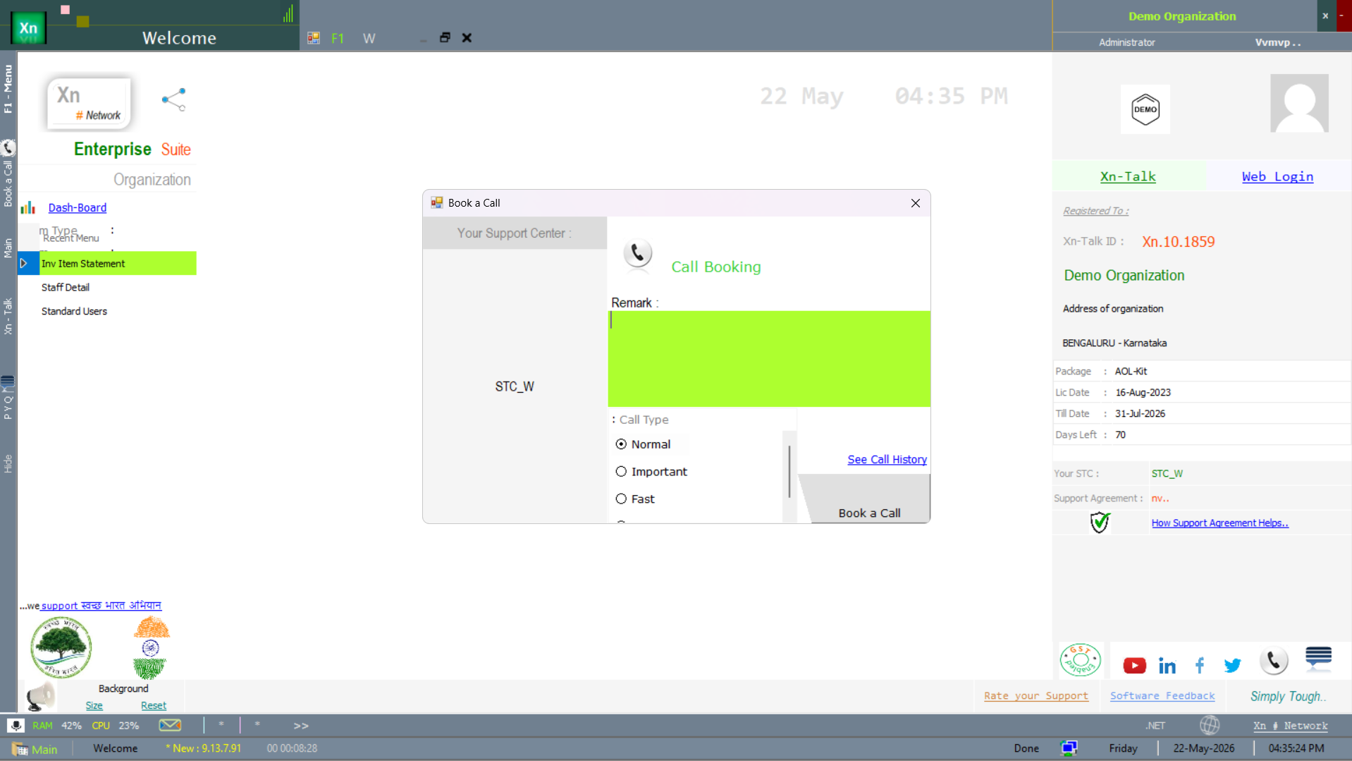 Book a Call wizard with call-type radio strip