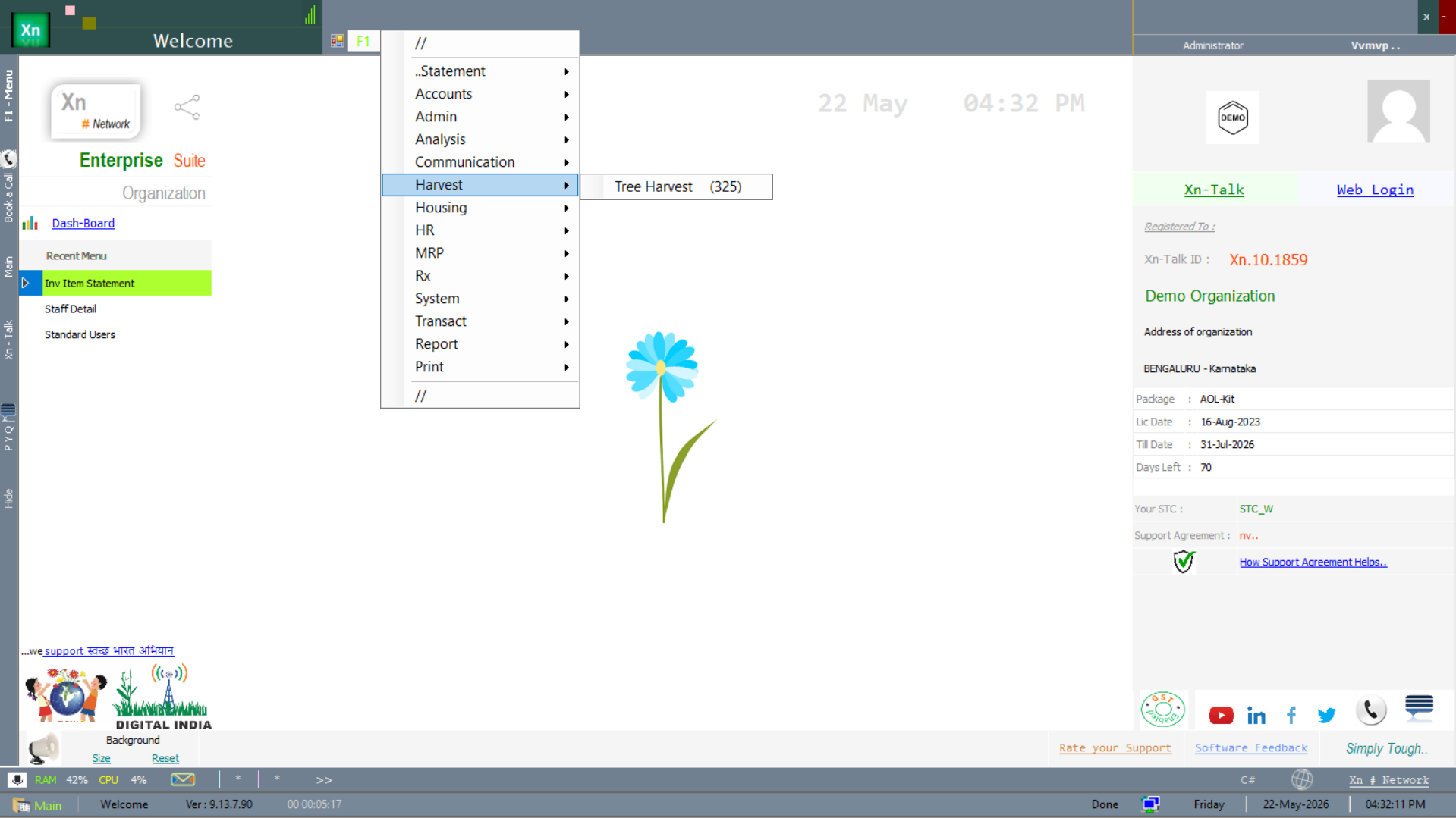 Welcome screen with the Harvest submenu open and the tree-harvest record-count badge