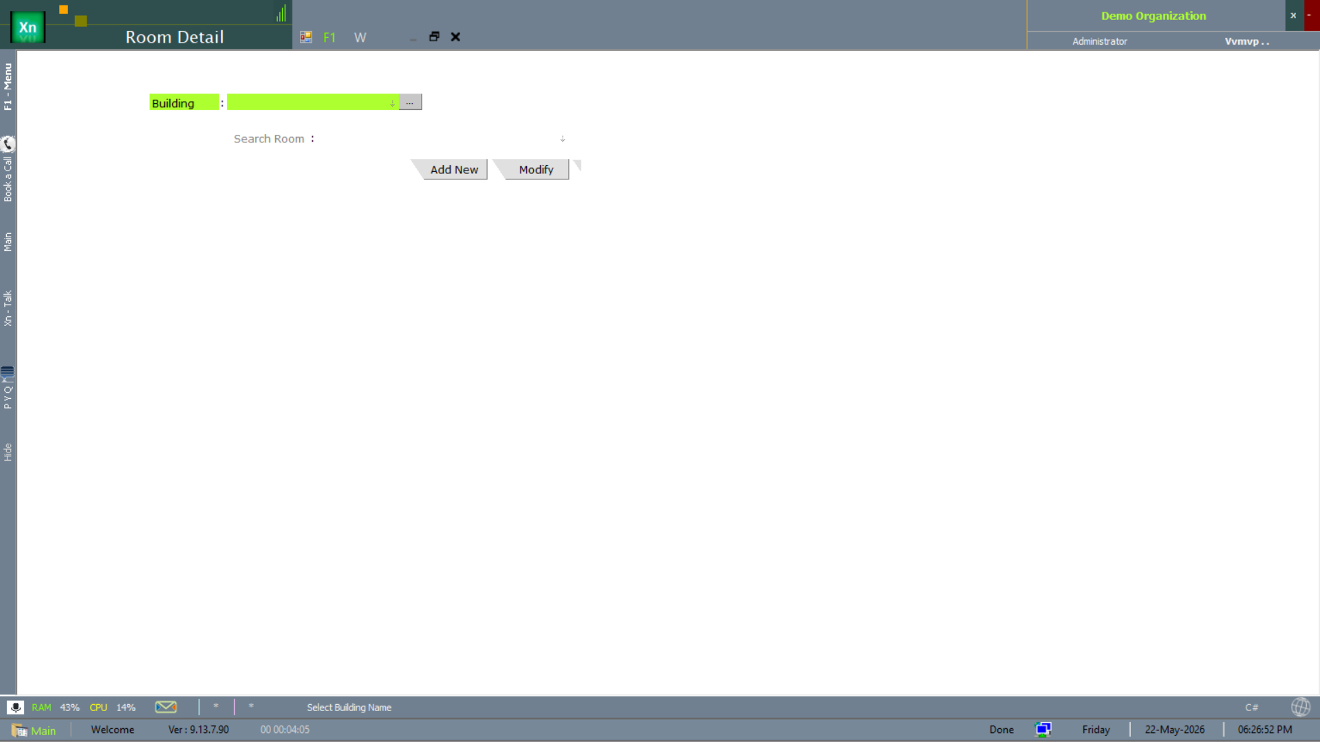 Room Detail master form with the left sidebar menu visible