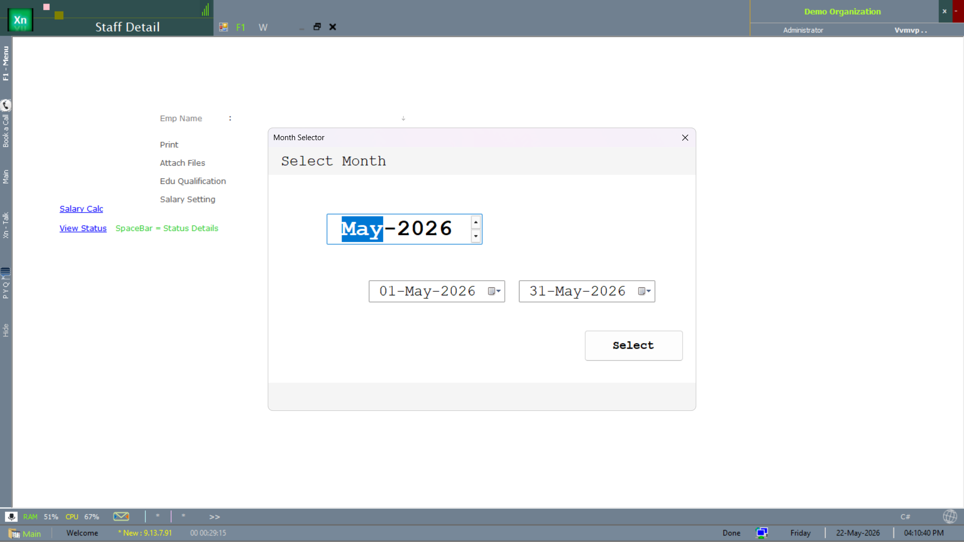 Staff Detail — date picker dialog for month selection