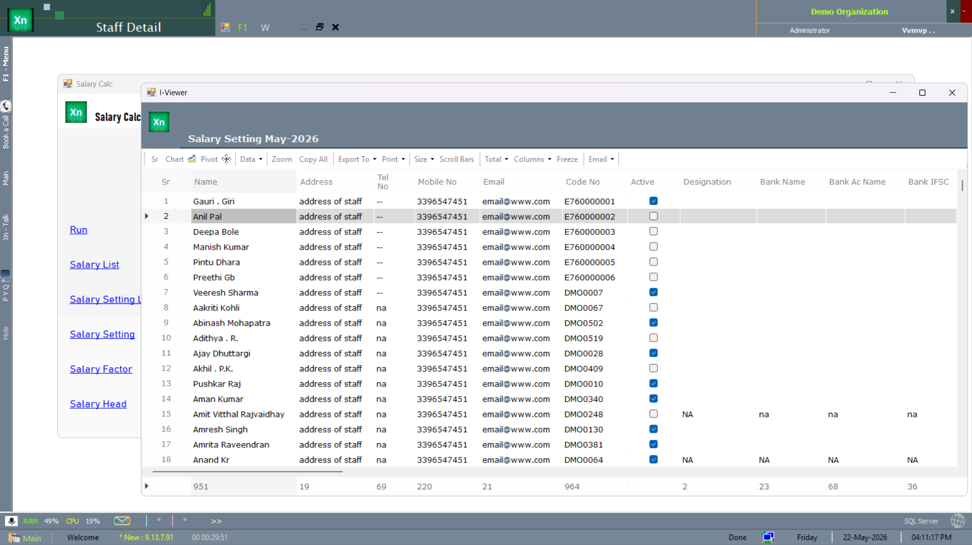 Salary Setting primary configuration screen