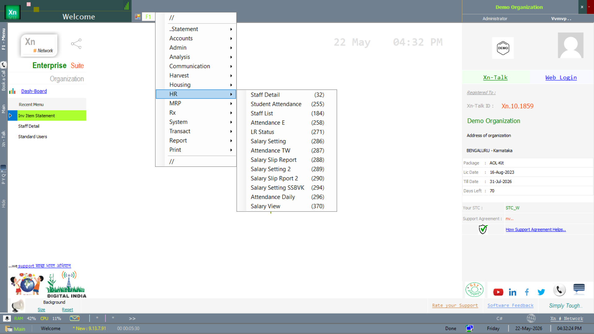 Welcome screen with the HR submenu open showing staff, attendance, leave and payroll entries