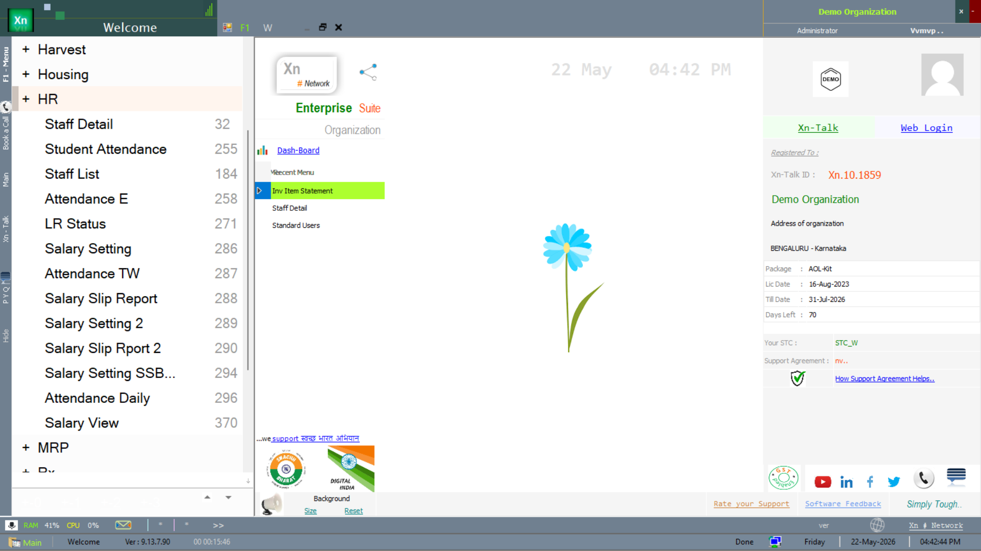 HR menu — full submenu with staff, attendance and payroll entries