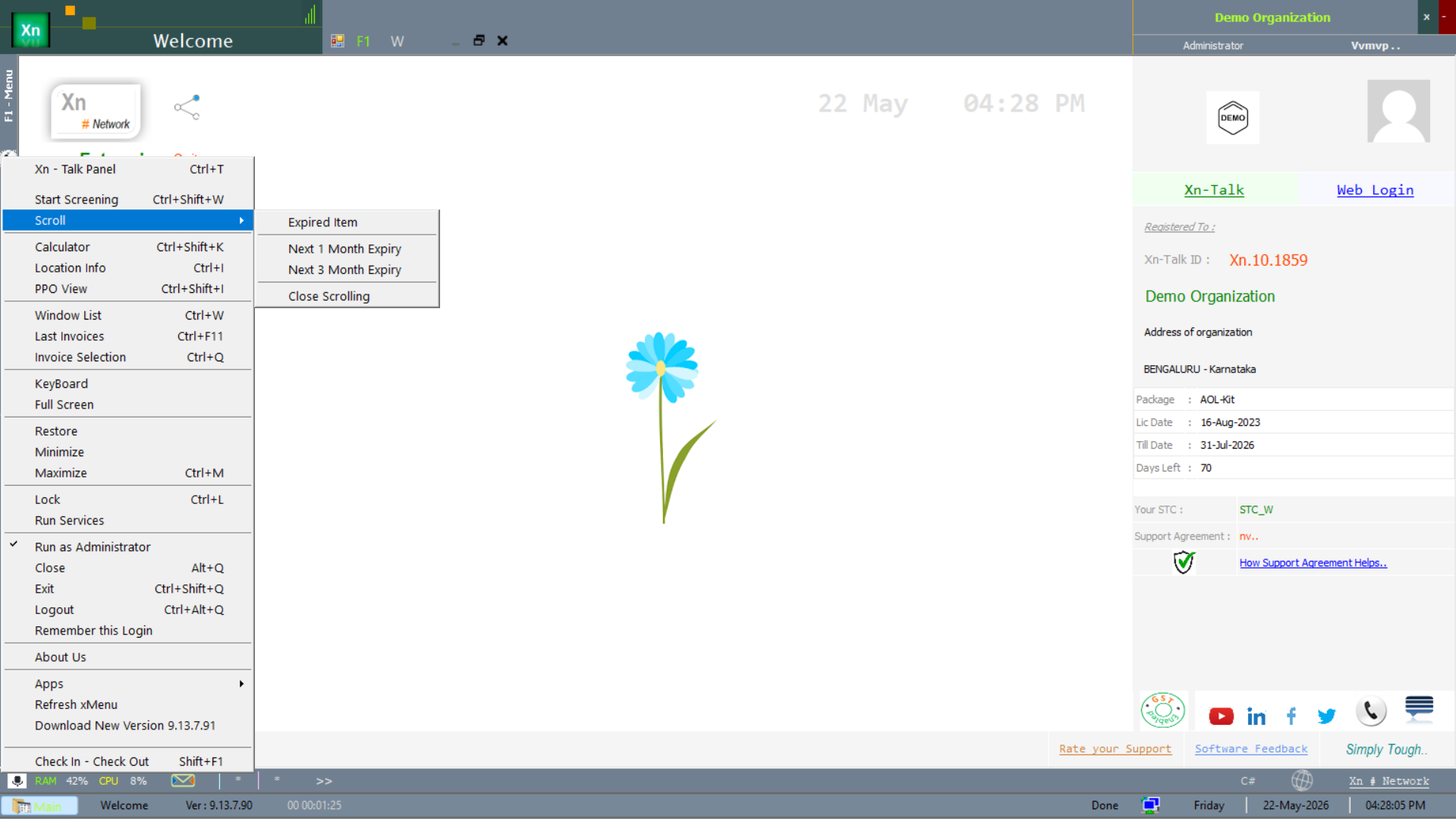 Dashboard menu with shortcuts and tools