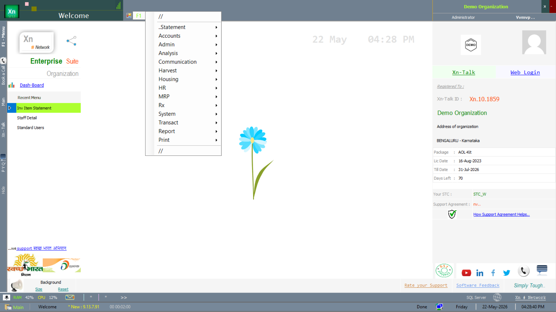Top-level menu showing all major modules