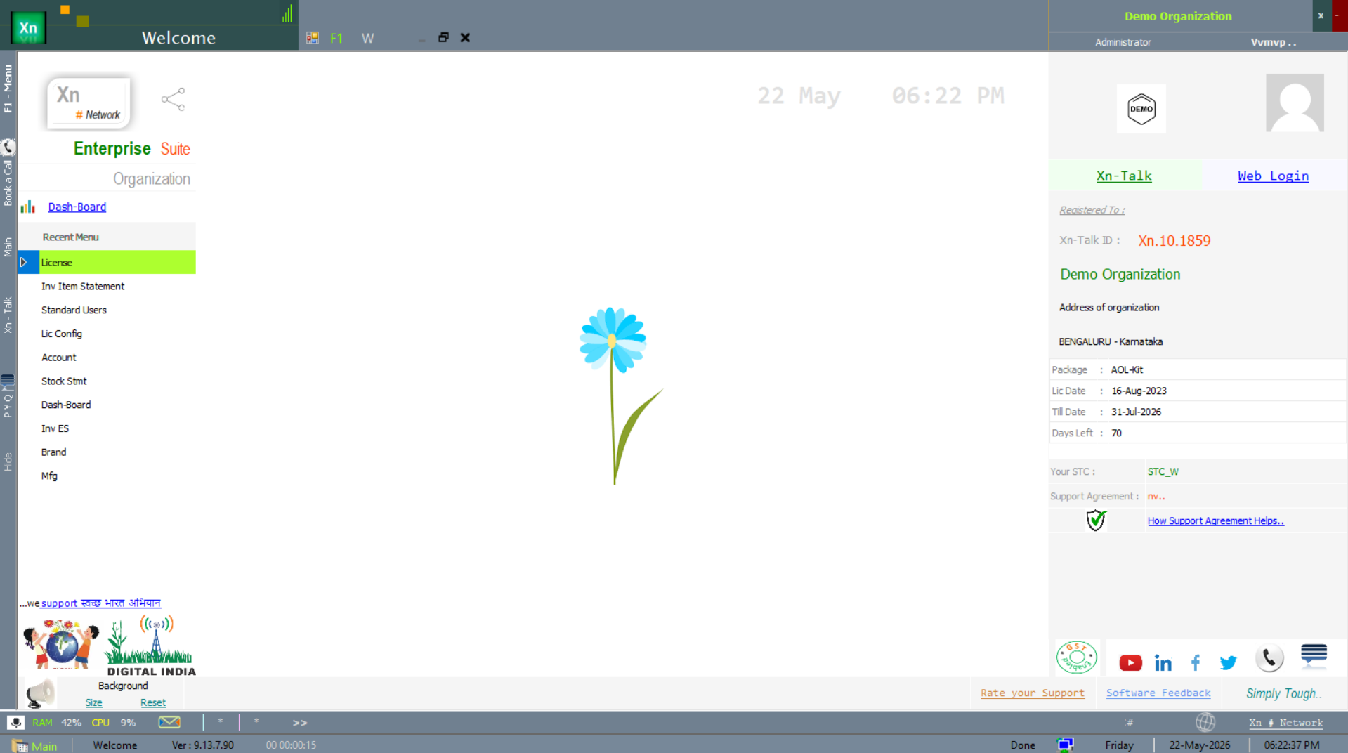 Welcome — Recent Menu, org info, Xn-Talk ID and licence details