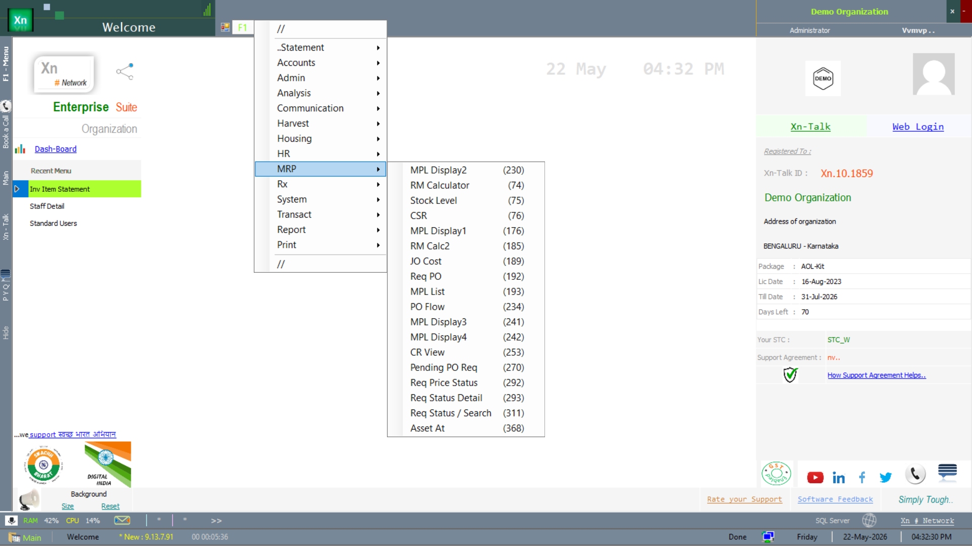 Welcome screen with the MRP submenu open showing planning, calculator and tracing entries