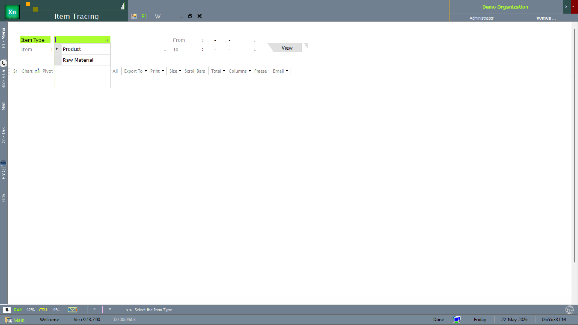 Item Tracing item-type dropdown open showing Product and Raw Material