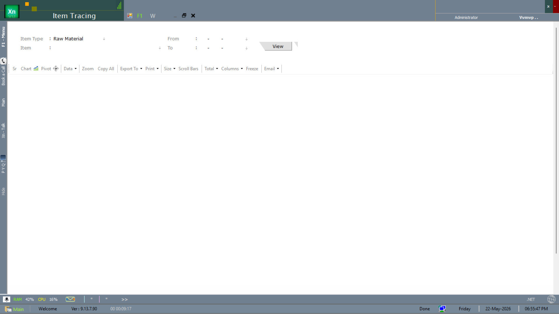 Item Tracing with Raw Material selected and a date range