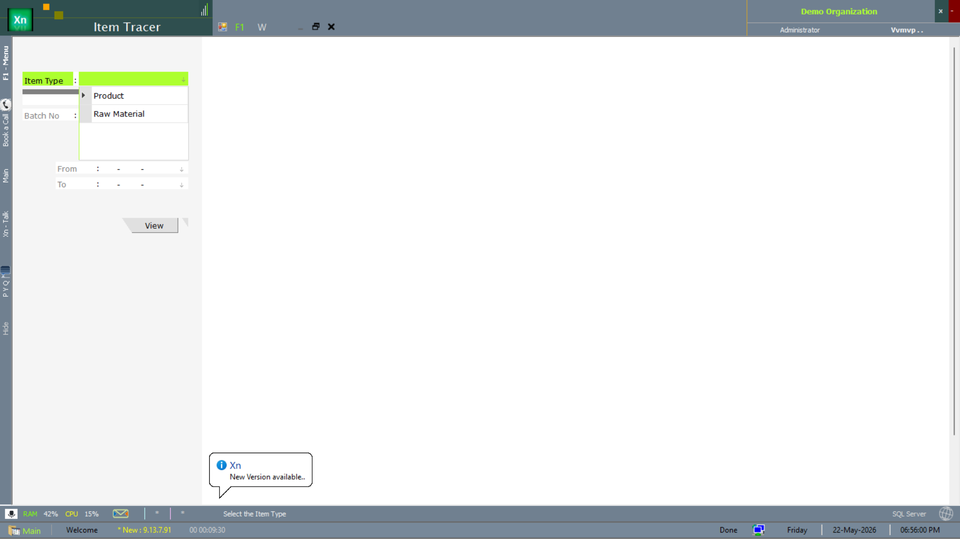 Item Tracer batch-level form with the Item Type dropdown and a new-version notification