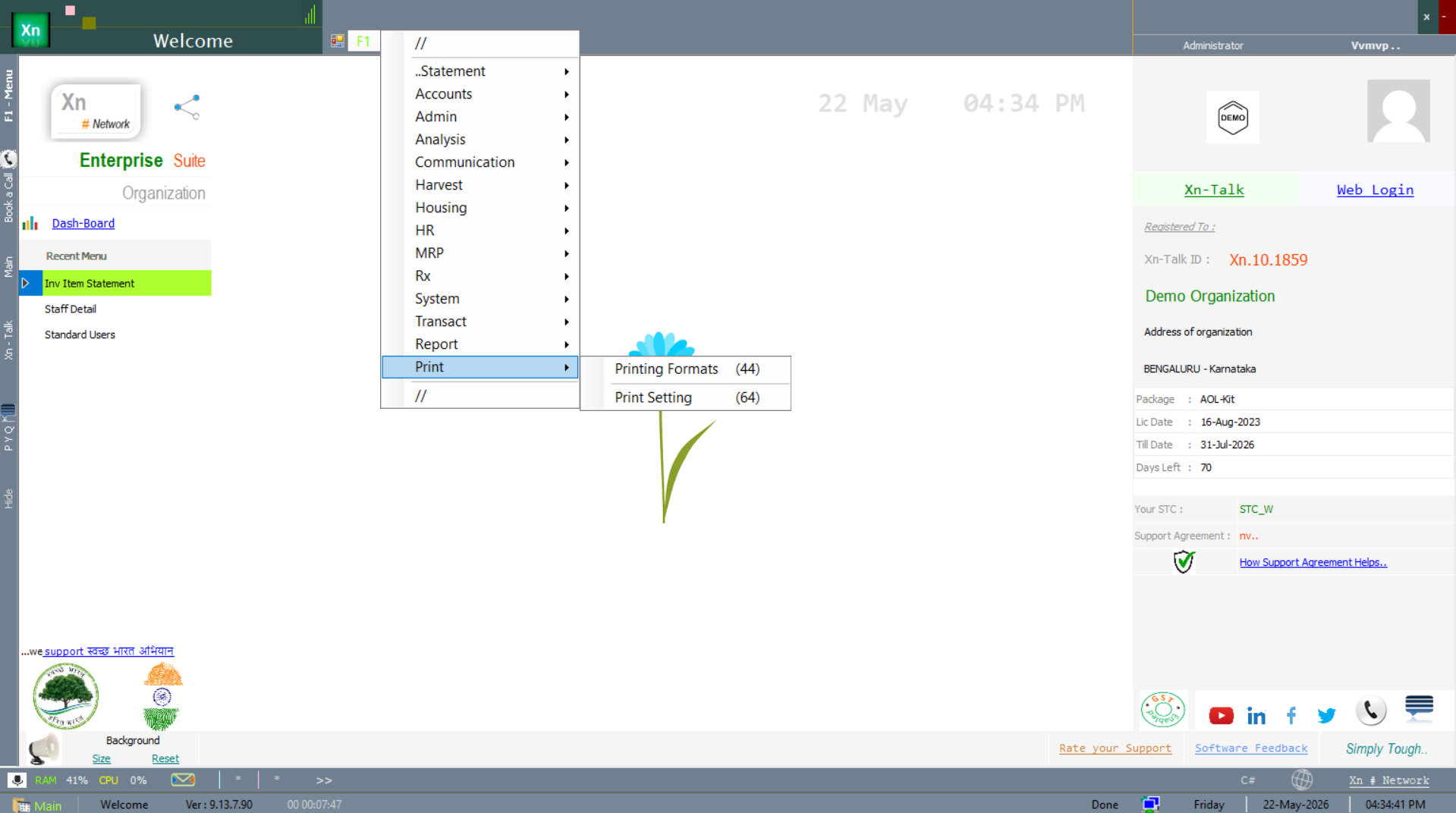Welcome screen with the Print submenu open showing format and settings options