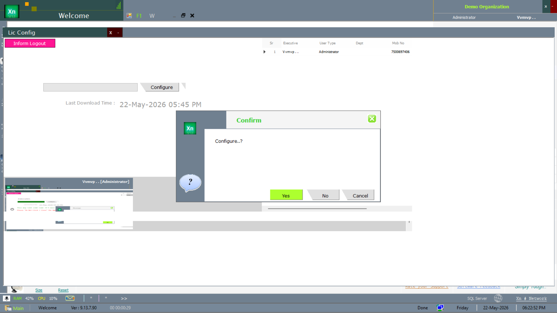 License configuration dialog with confirmation message