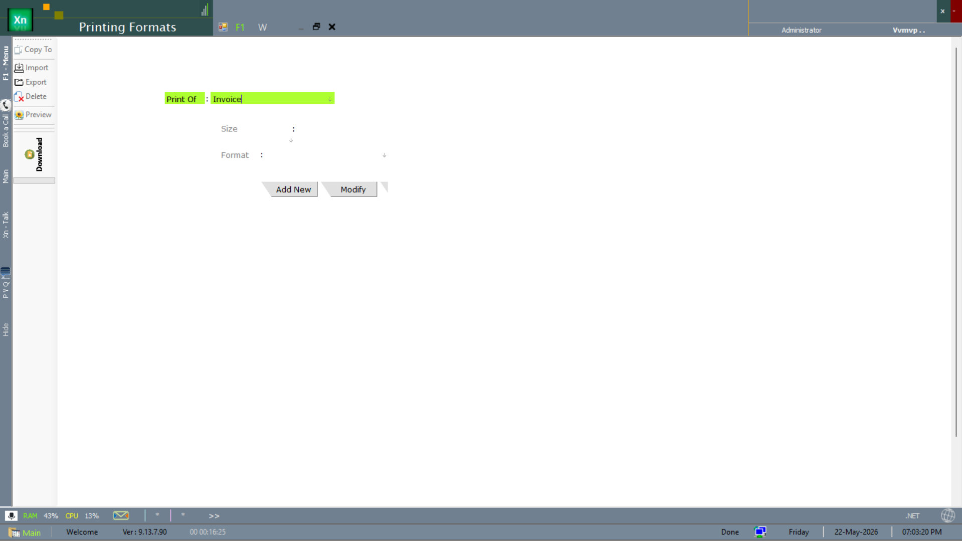 Printing Formats configuration screen with Add New and Modify