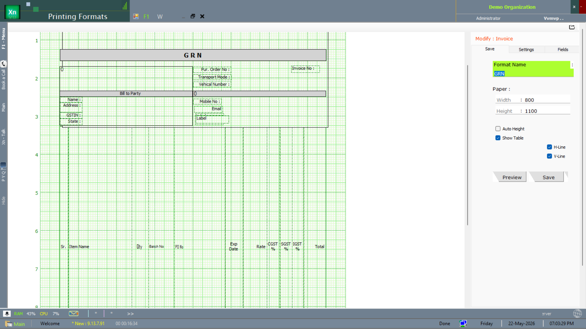 Printing Formats — visual designer / preview with grid-based layout