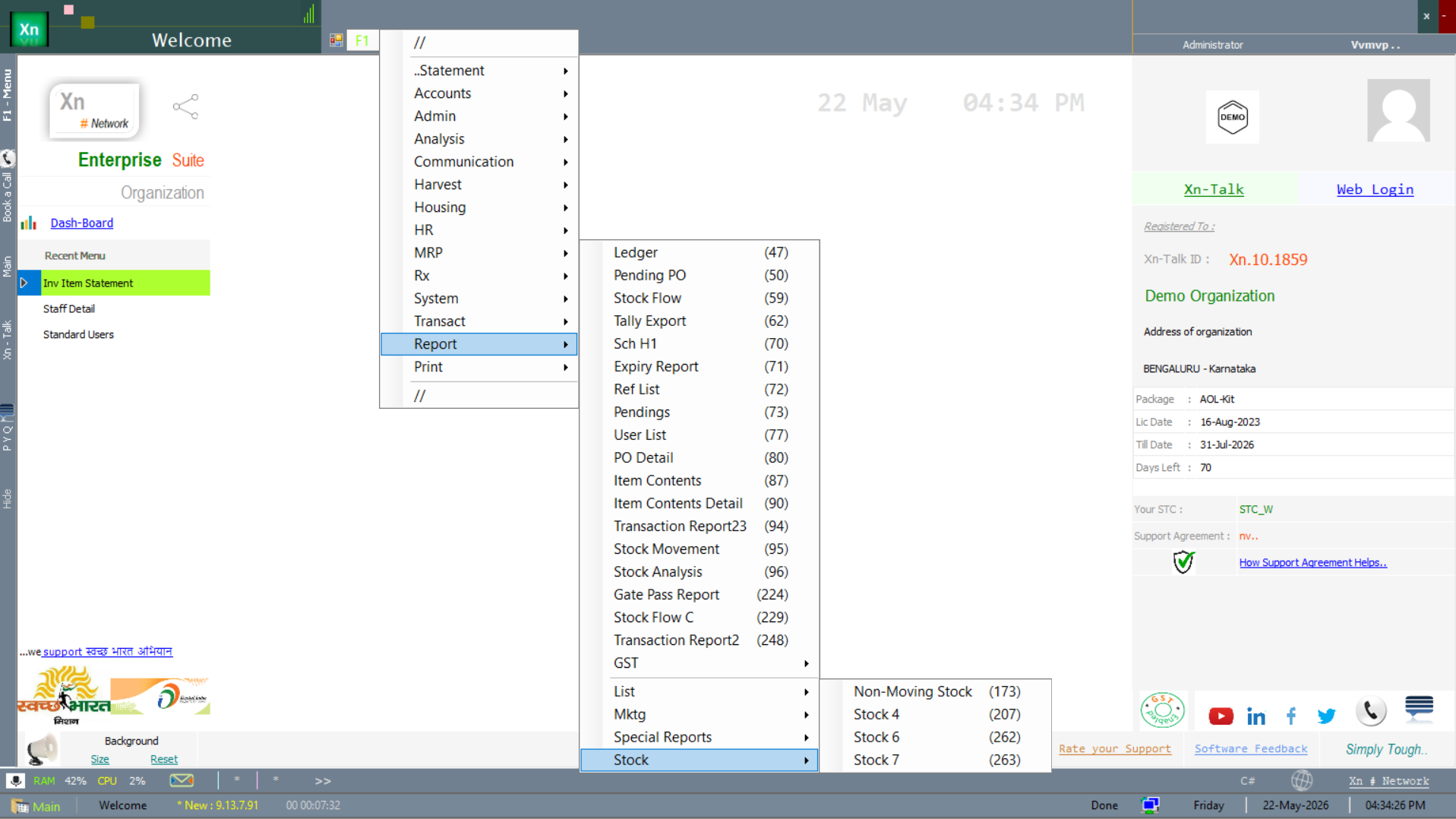 Welcome screen with the stock-side Reports submenu open