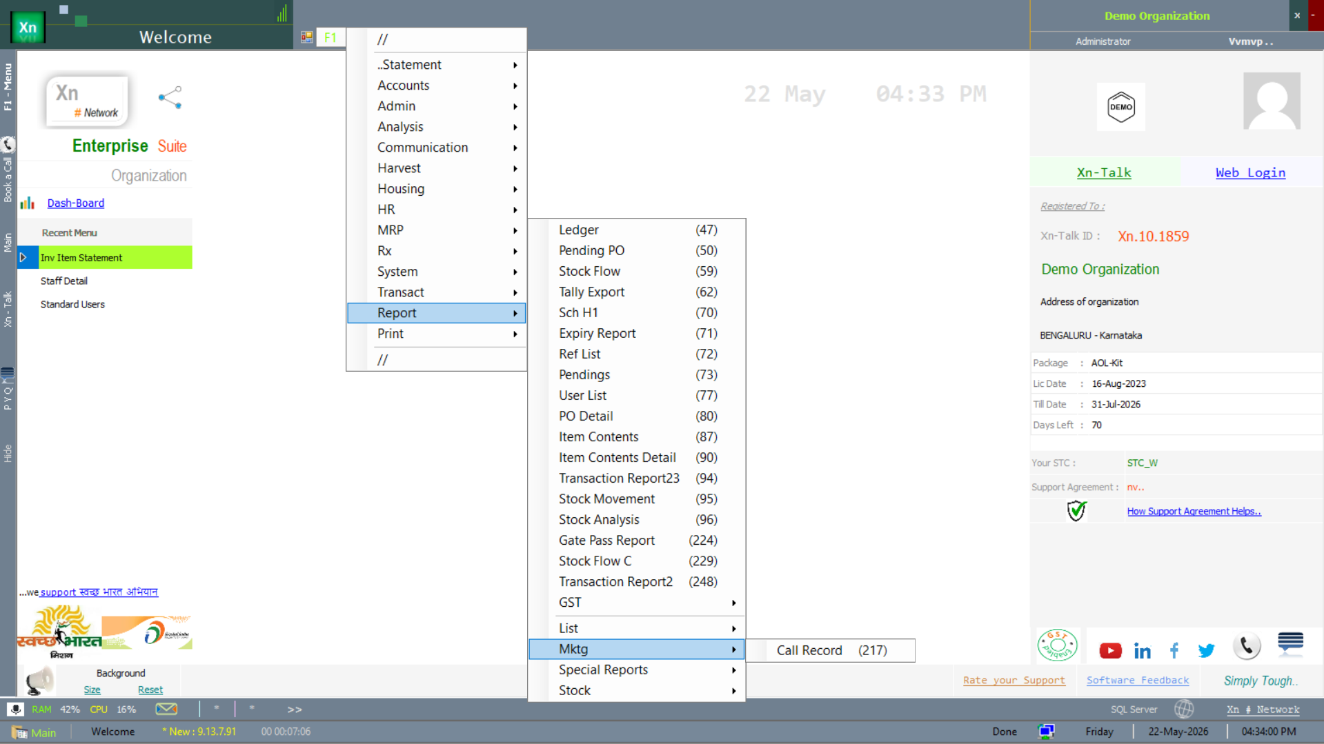 Welcome screen — Report Marketing submenu