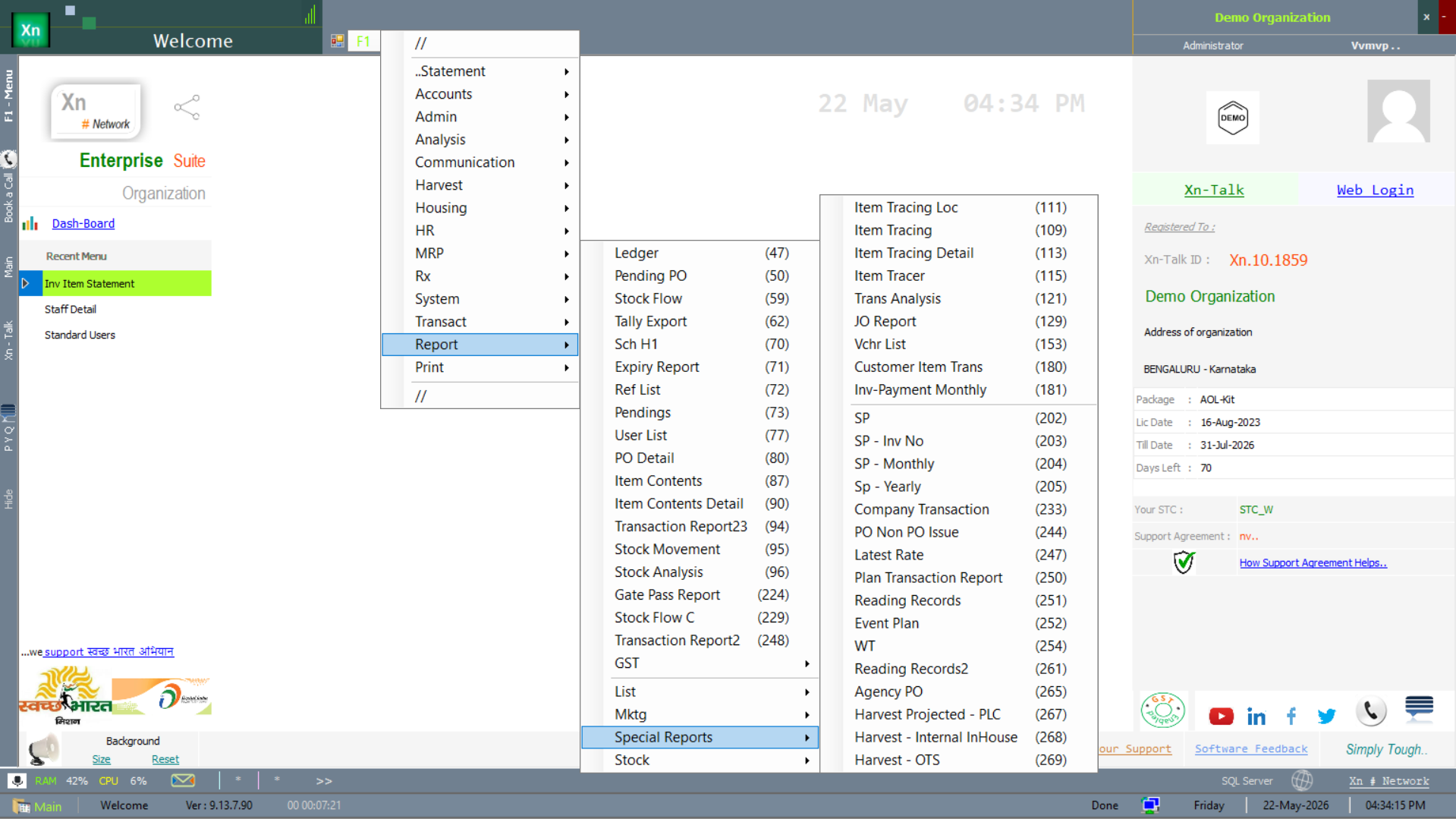 Welcome screen — Special Reports with 25+ analytical reports