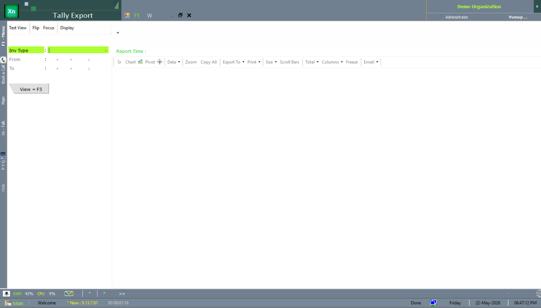 Tally Export screen