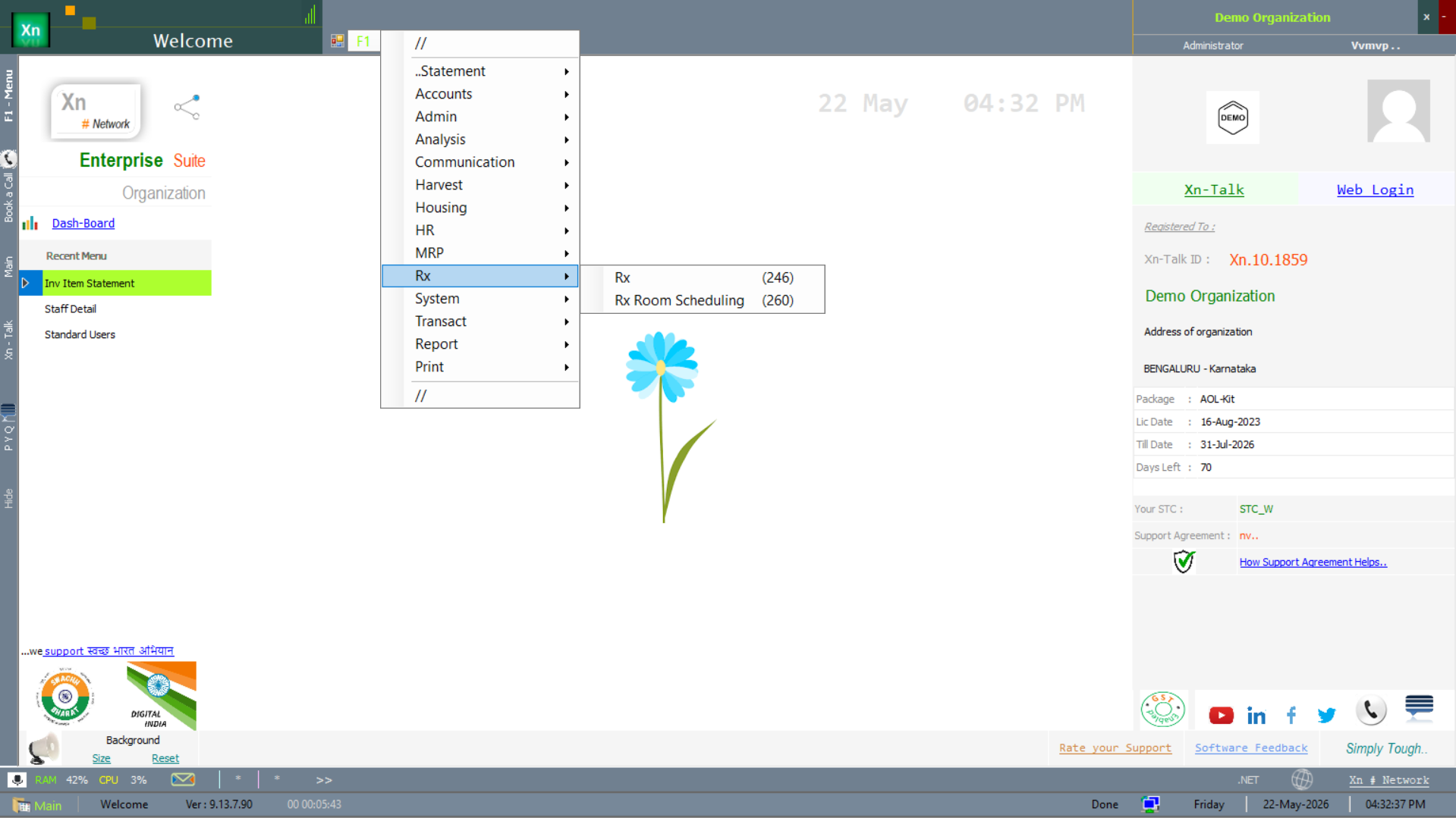 Welcome screen with the Rx submenu open and the room-scheduling record count