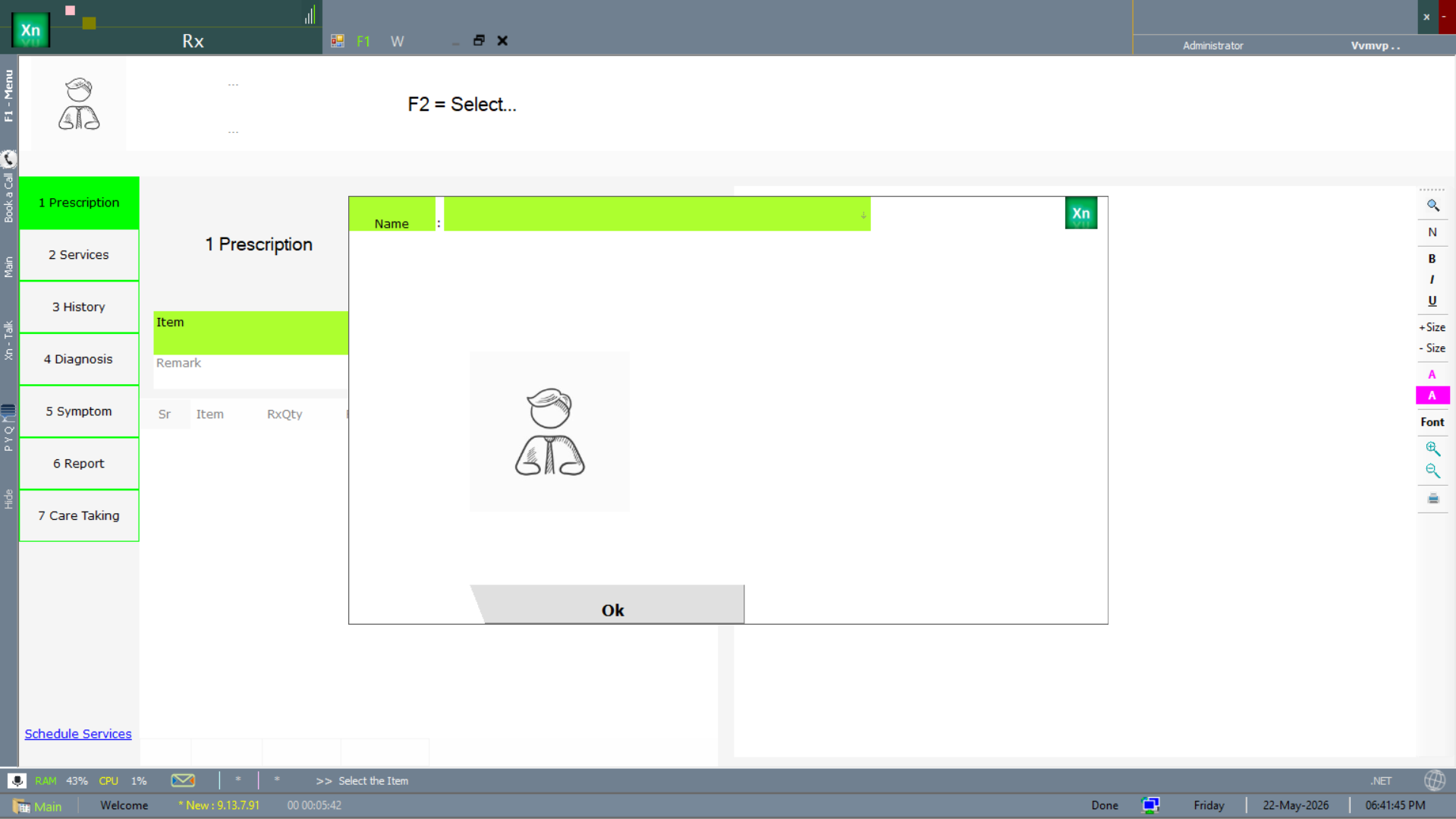 Rx prescription dialog with navigation menu and F2 = Select keyboard hint