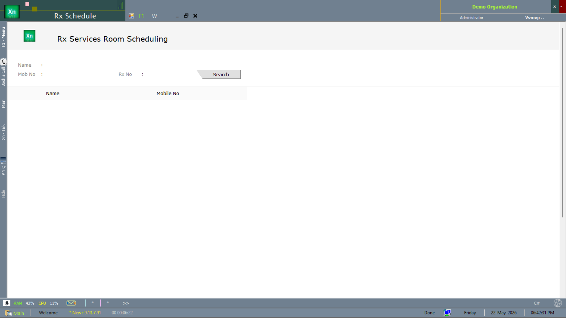 Rx Services Room Scheduling form with patient search fields