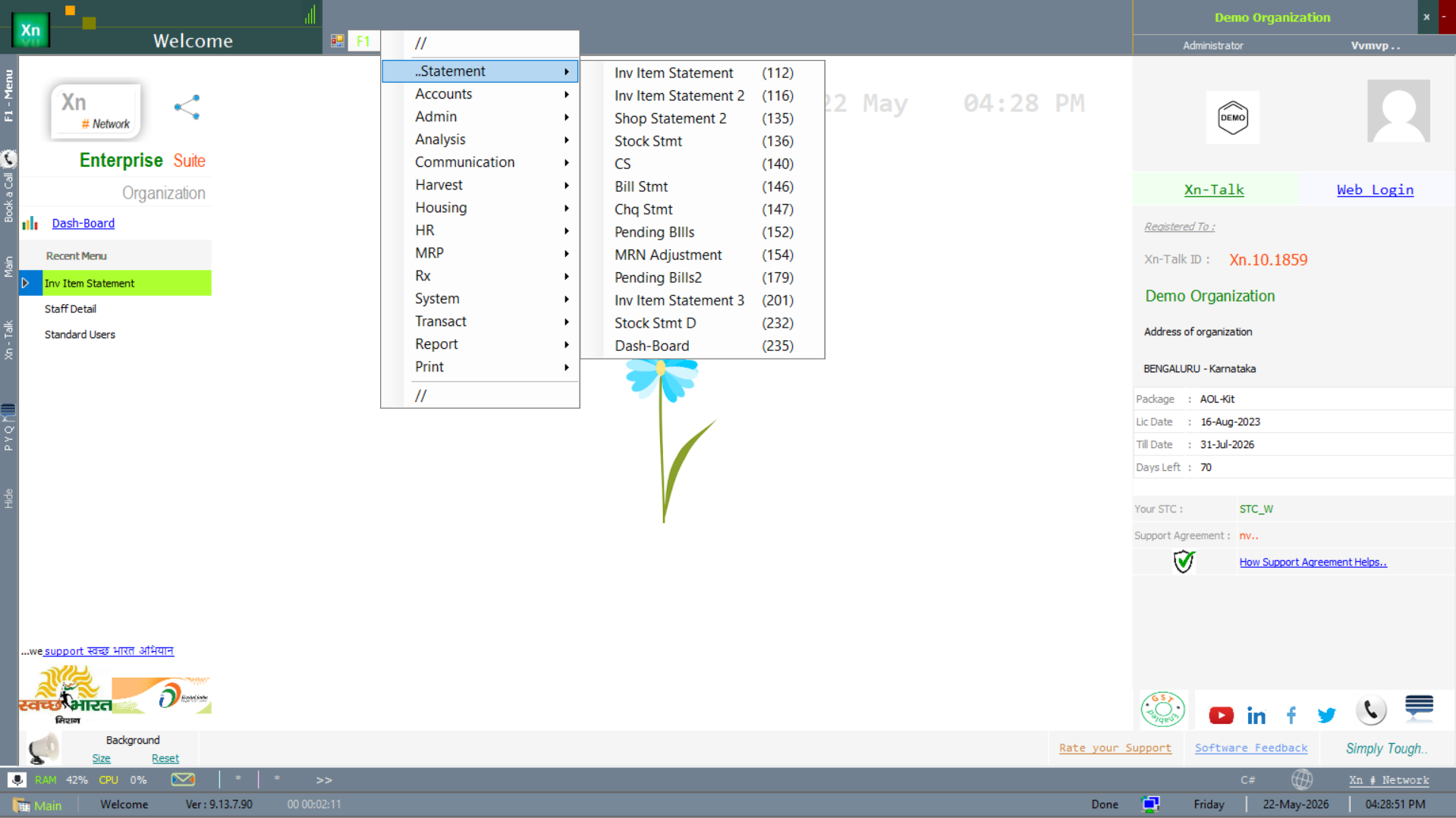 Welcome screen with the Statement submenu open
