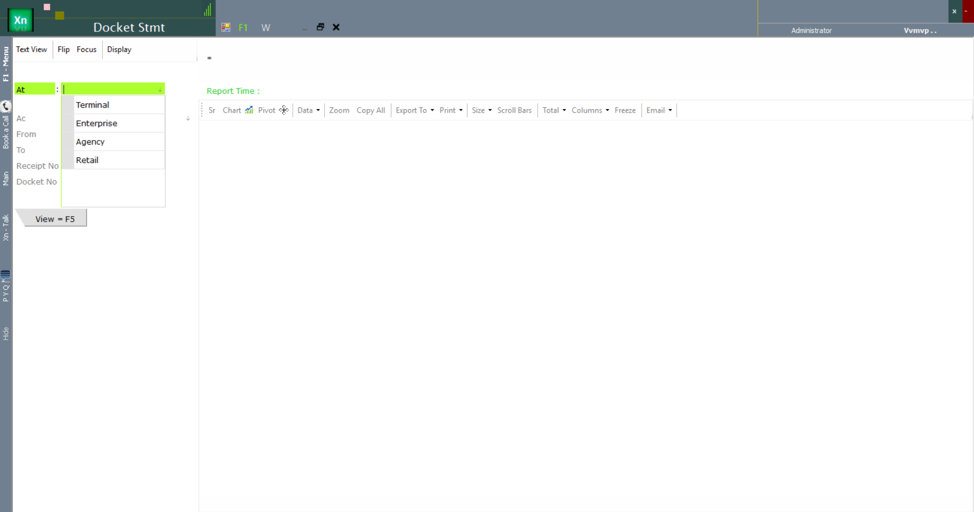 Docket Statement with the At location dropdown open showing Terminal, Enterprise, Agency, Retail