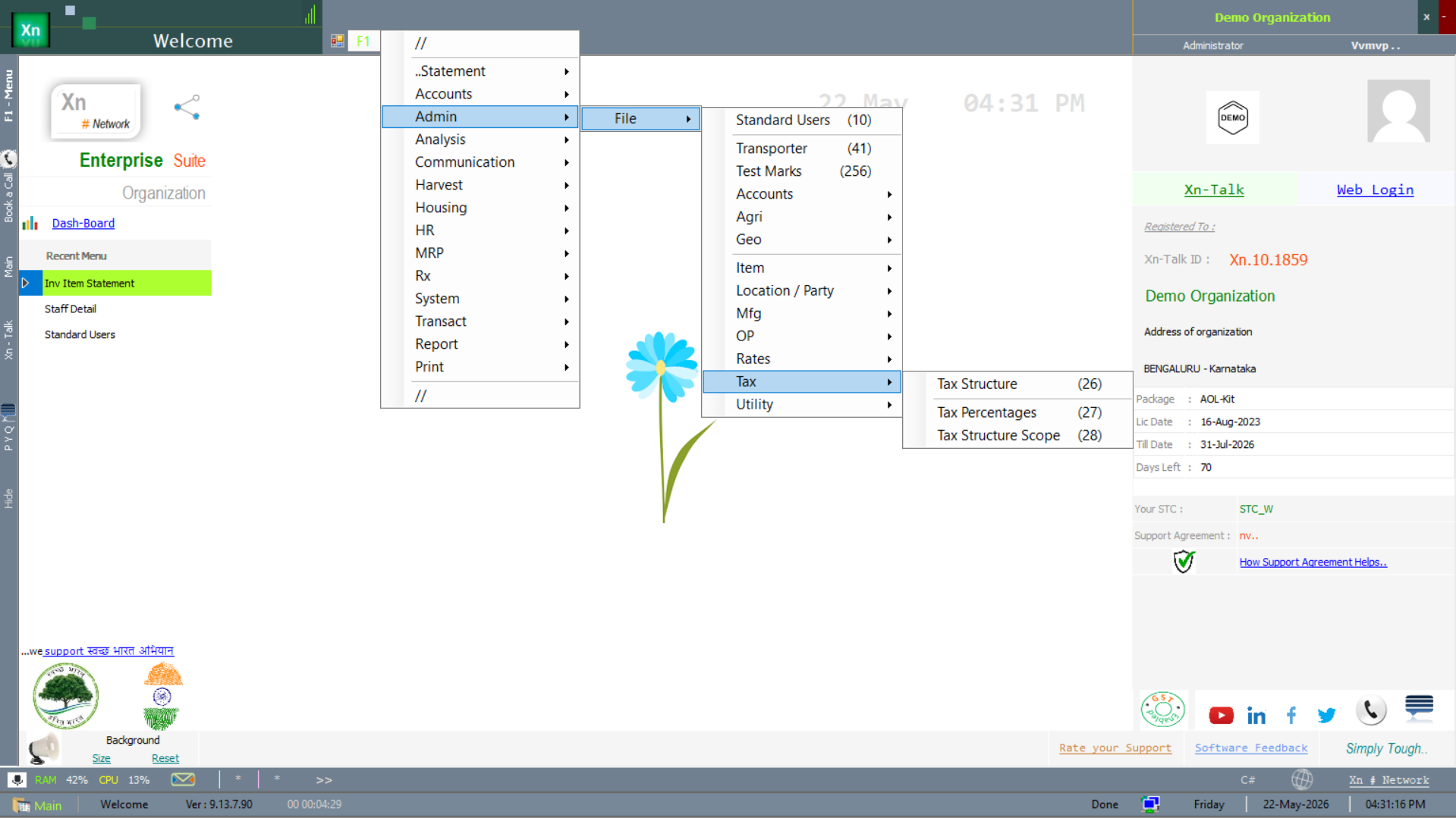 Welcome screen with the tax-configuration submenu open