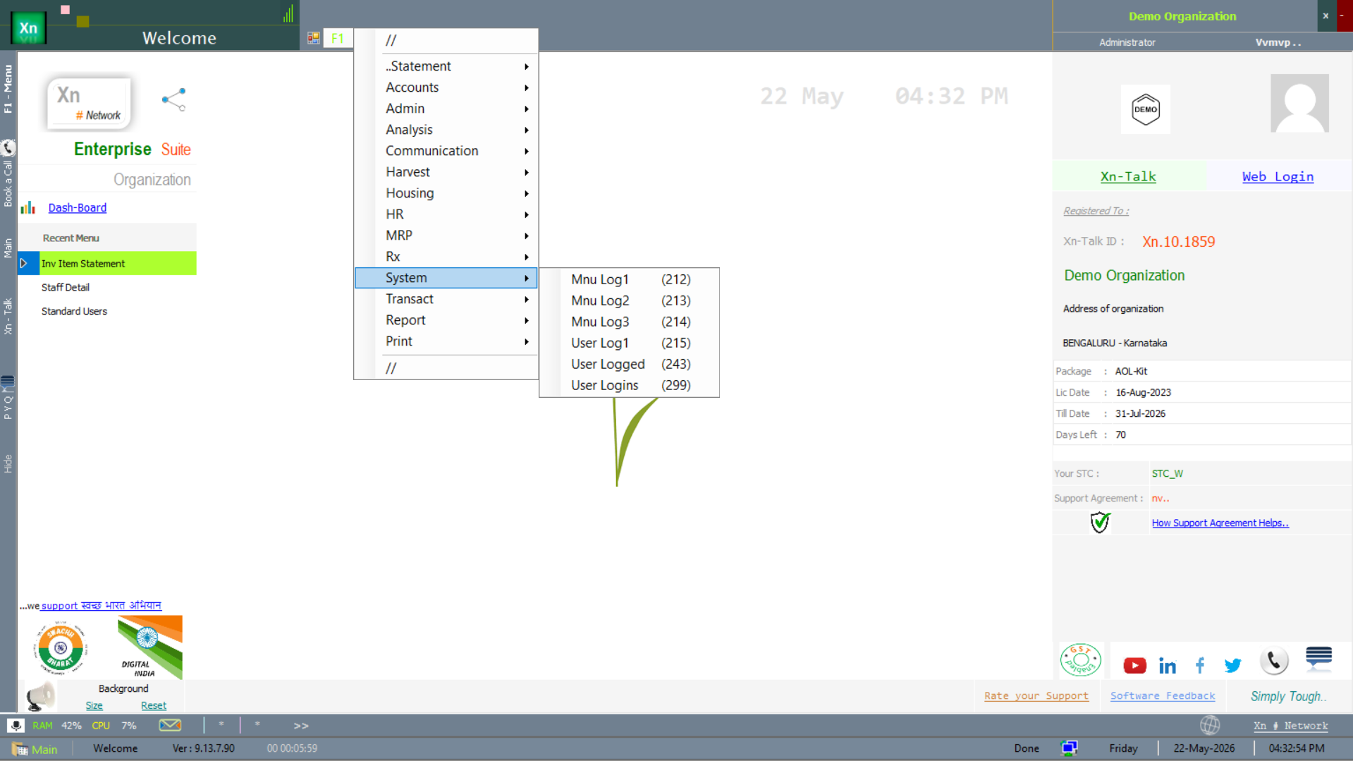 Welcome screen — System menu with logging / audit entries