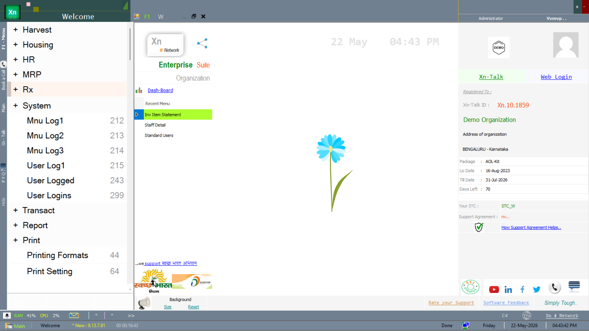 System submenu expanded — logging entries