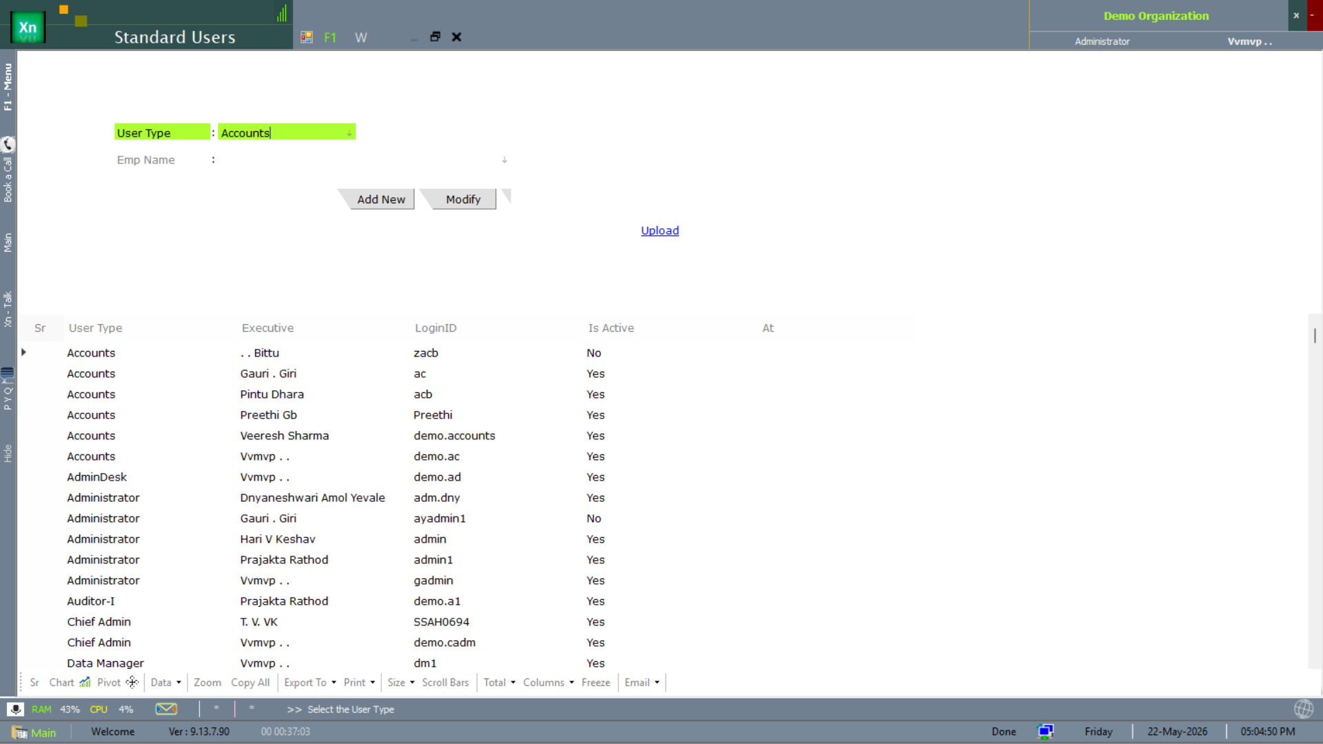 Standard Users — master list with role filter