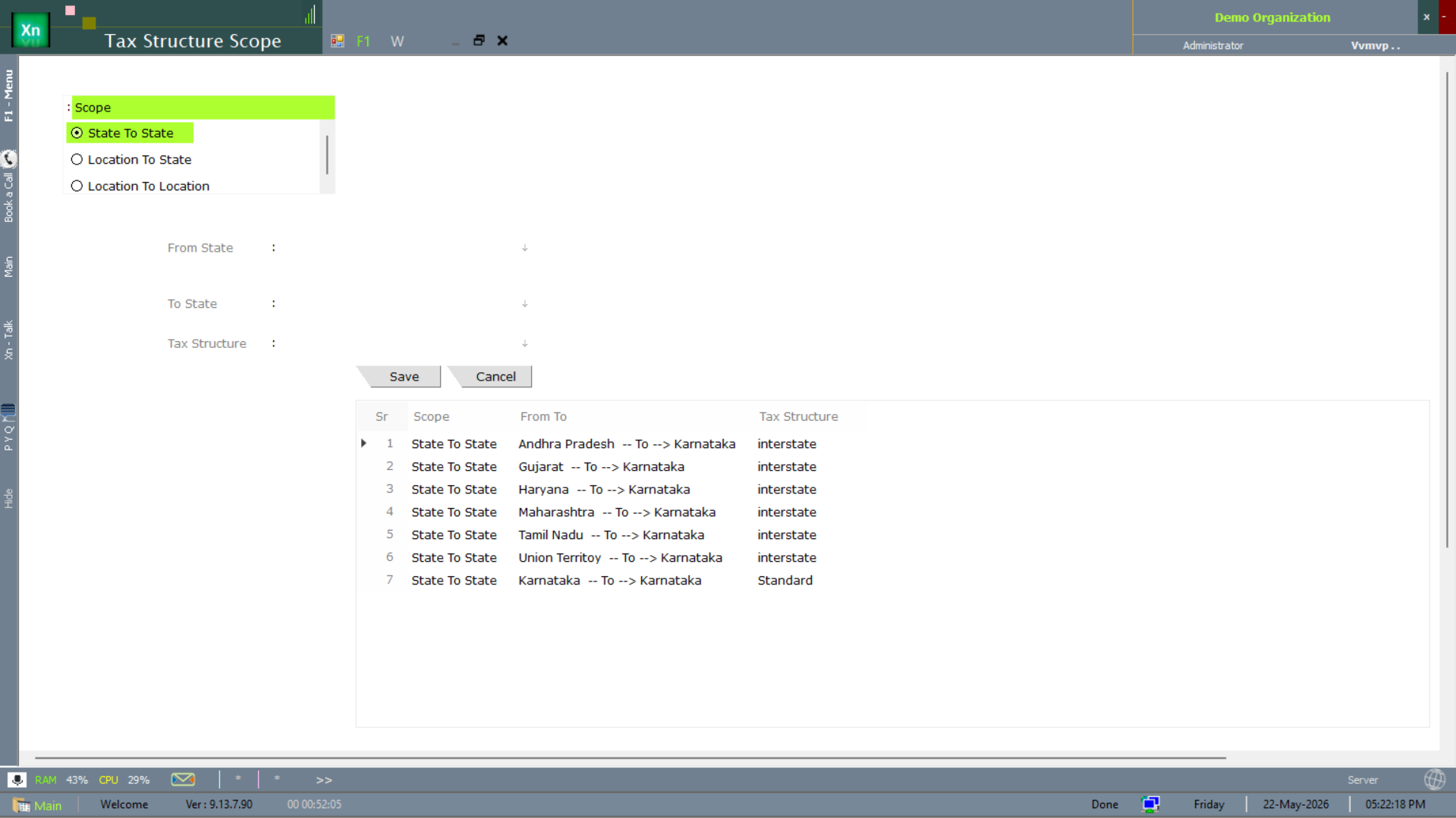 Tax Structure Scope with State From / State To / Tax Structure columns