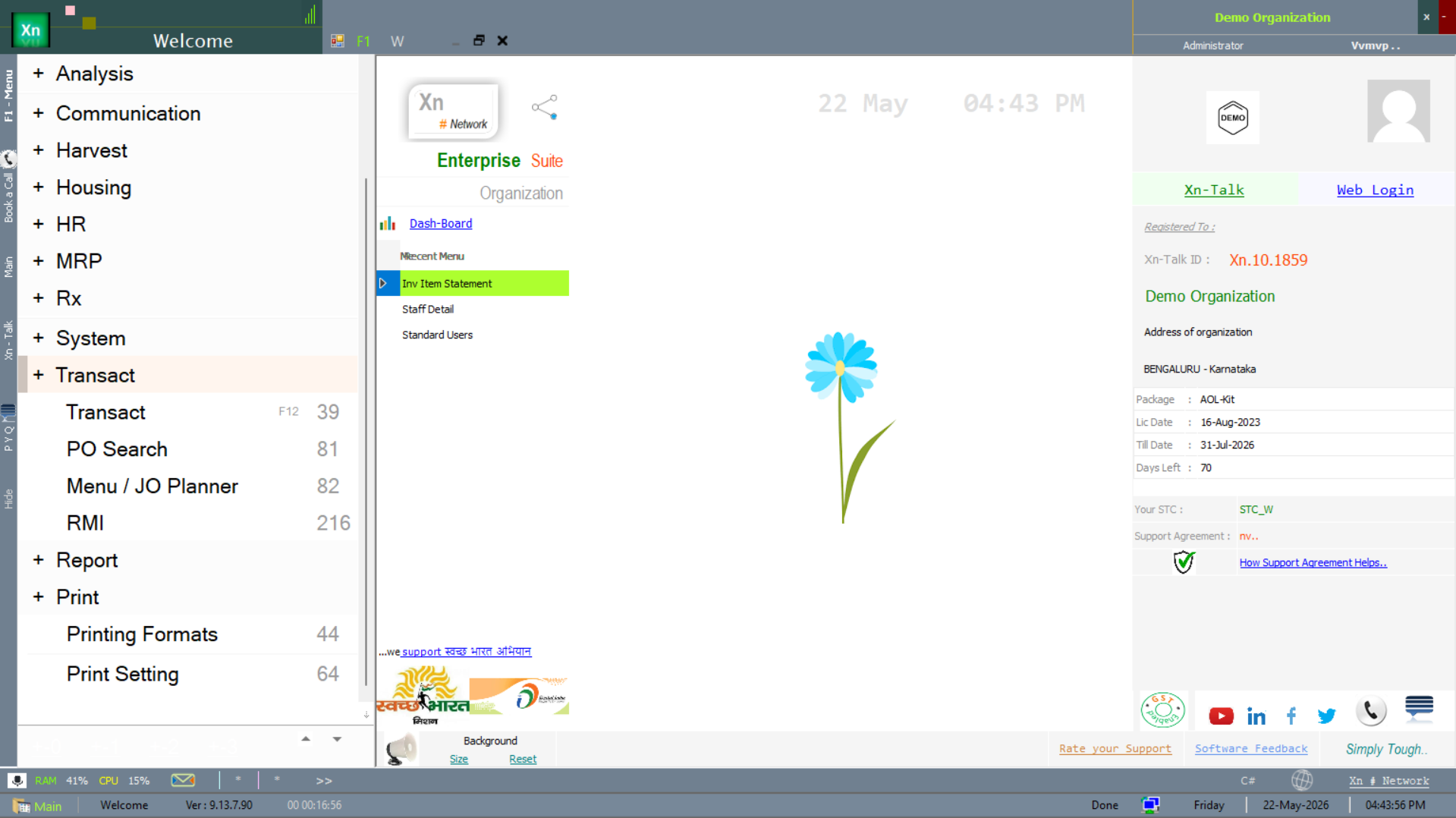 Welcome screen with the Transactions submenu tree expanded
