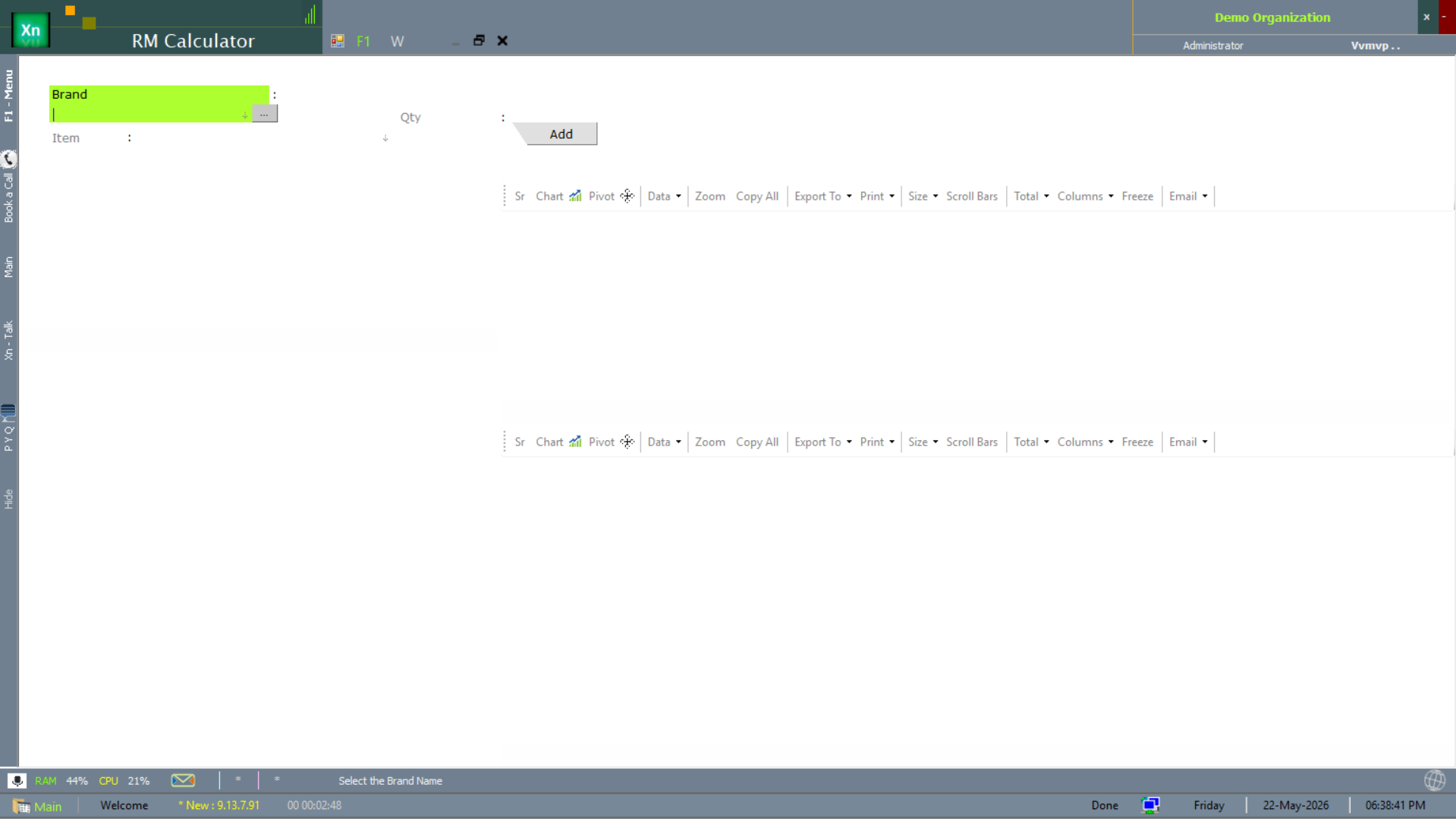 RM Calculator 2 — multi-line layout showing several finished goods and their combined raw-material requirement